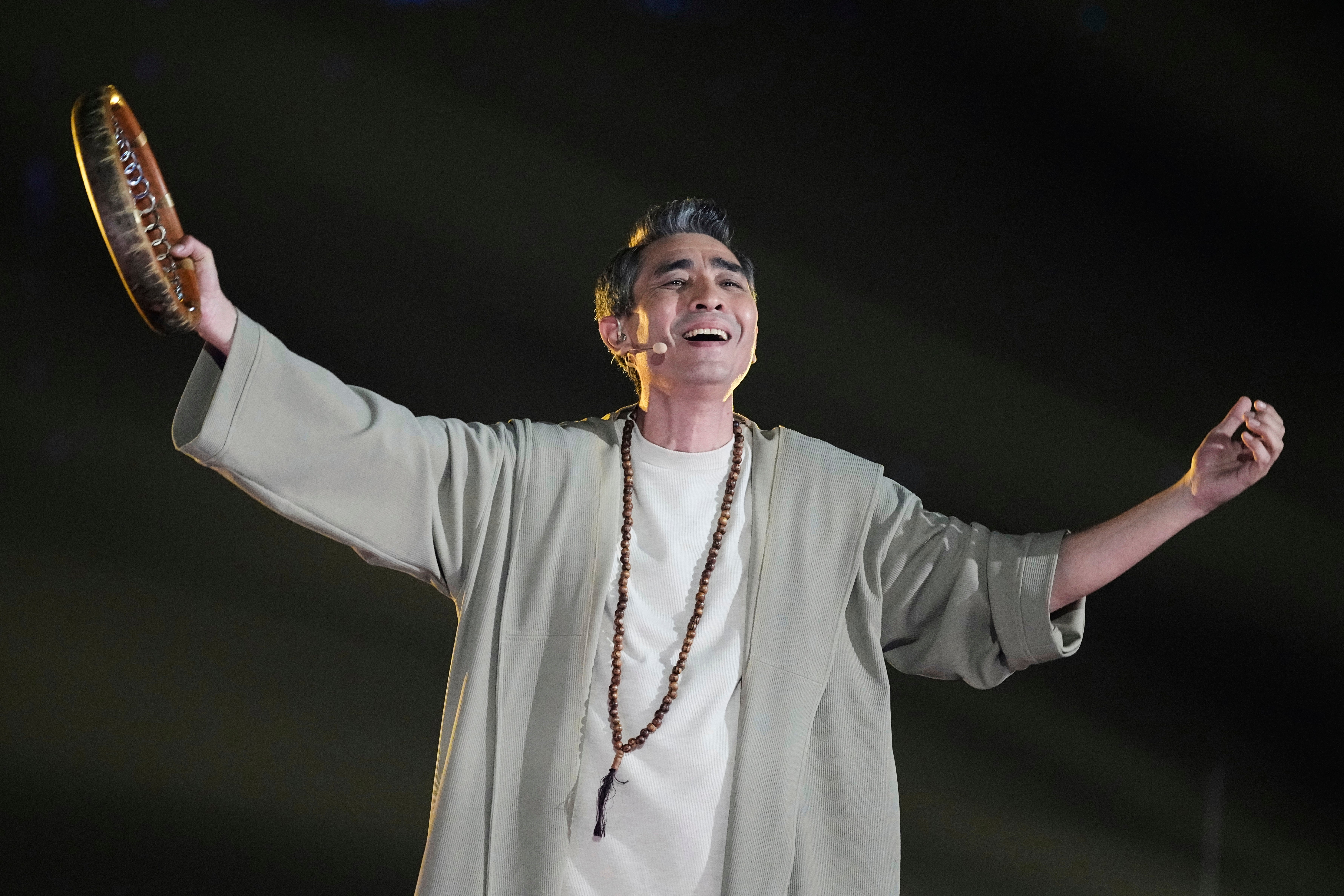 Uzbekistan's Shohruh Mirzo Ganiyev performs the song "Milliy Terma" at the International Music Competition "Intervision" at the Live Arena outside Moscow, Russia, Saturday, Sept. 20, 2025. (AP Photo/Alexander Zemlianichenko)