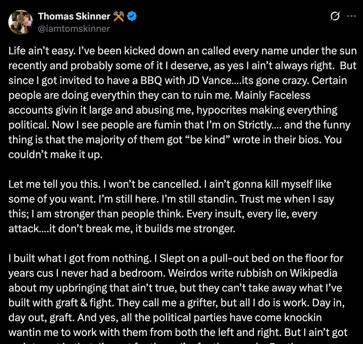 Thomas Skinner shared defiant message to critics after ‘Strictly’ debut