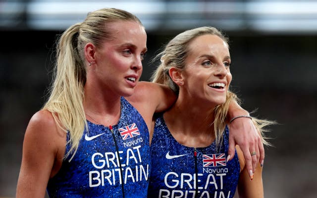 <p>Great Britain’s Georgia Hunter Bell (right) celebrates winning 800 metres silver with teammate Keely Hodgkinson (Martin Rickett/PA).</p>