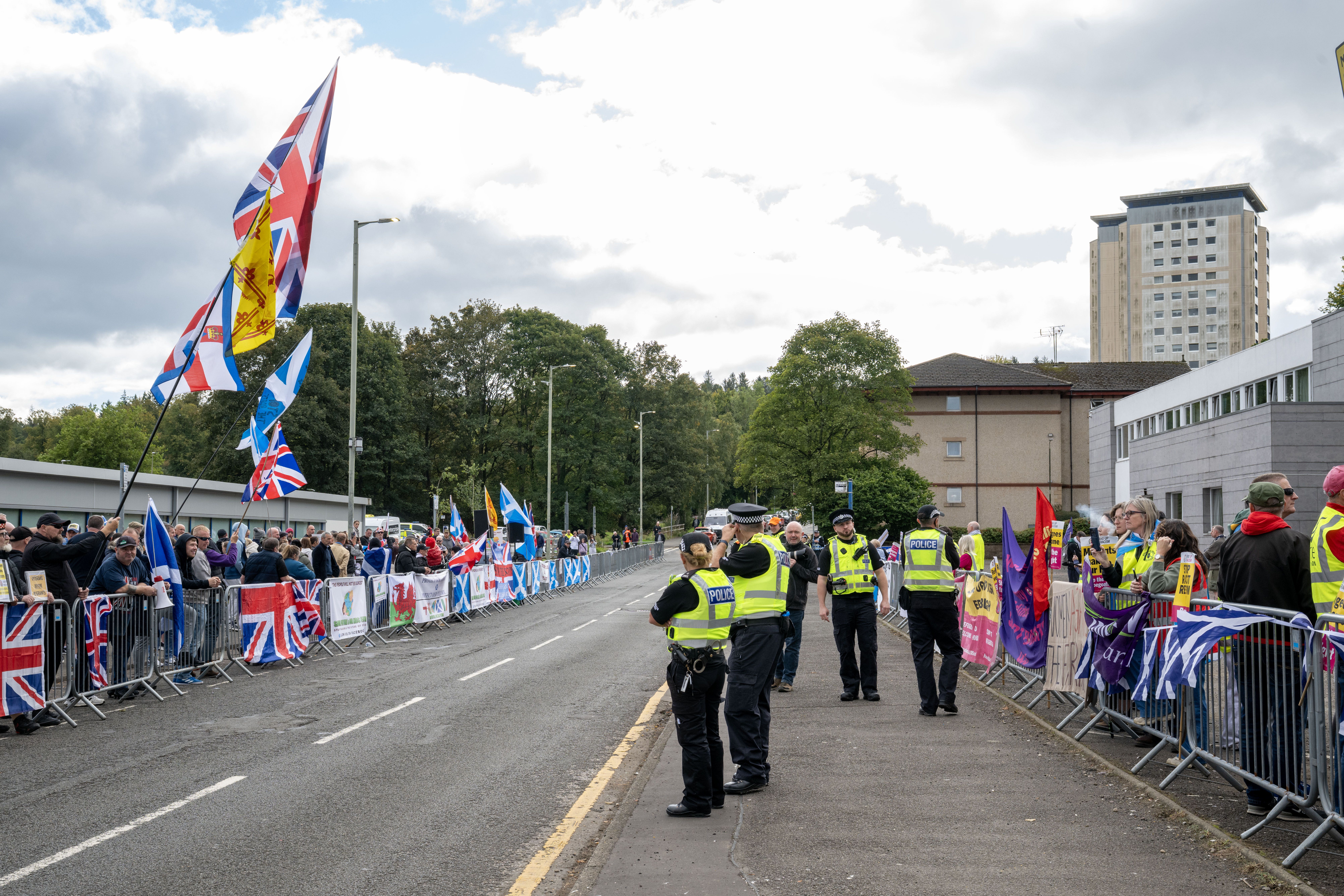 A protest and counter demonstration took place outside the Cladhan hotel in Falkirk on Sunday (Lesley Martin/PA)