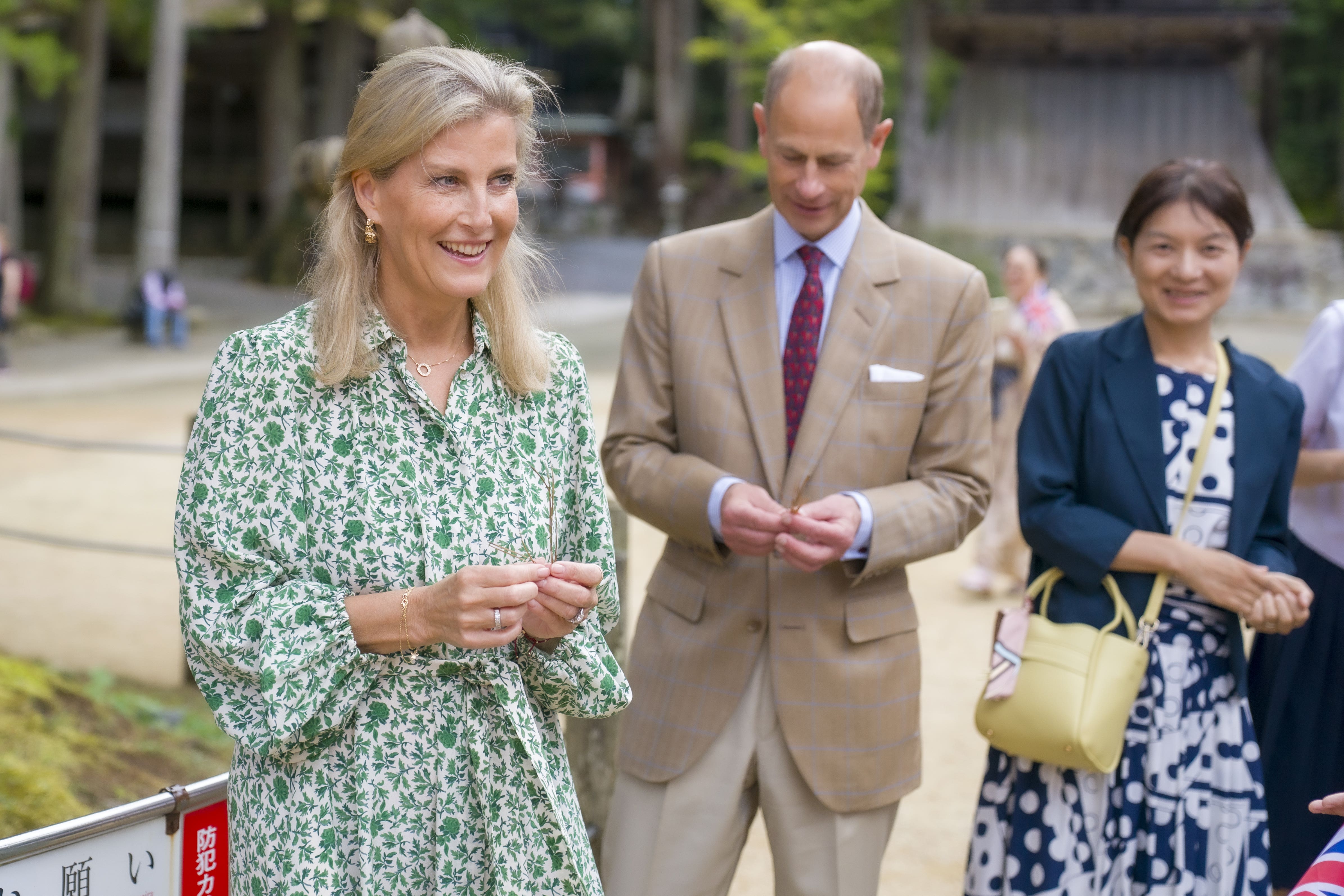The Duke and Duchess of Edinburgh with pine needles collected from a sacred pine tree in Koyasan (Jane Barlow/PA)