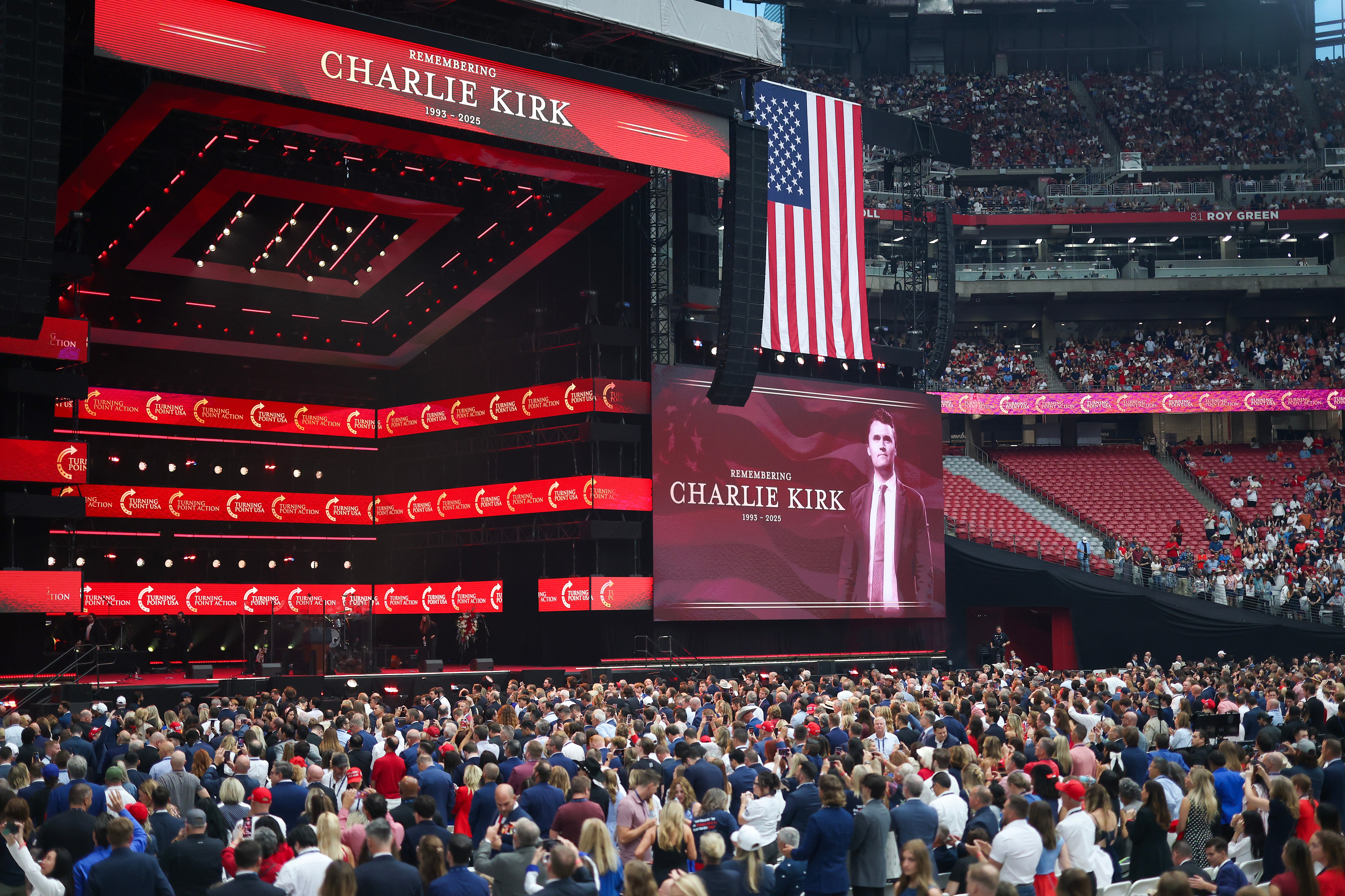 Tens of thousands of mourners gathered inside the State Farm Stadium to mourn Charlie Kirk.