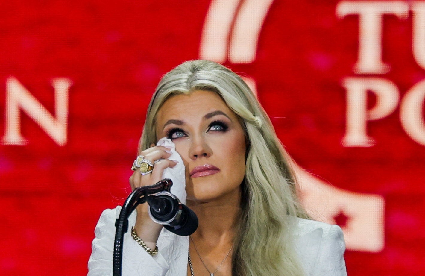 Grieving widow Erika Kirk speaking at her husband’s memorial in Arizona on Sunday