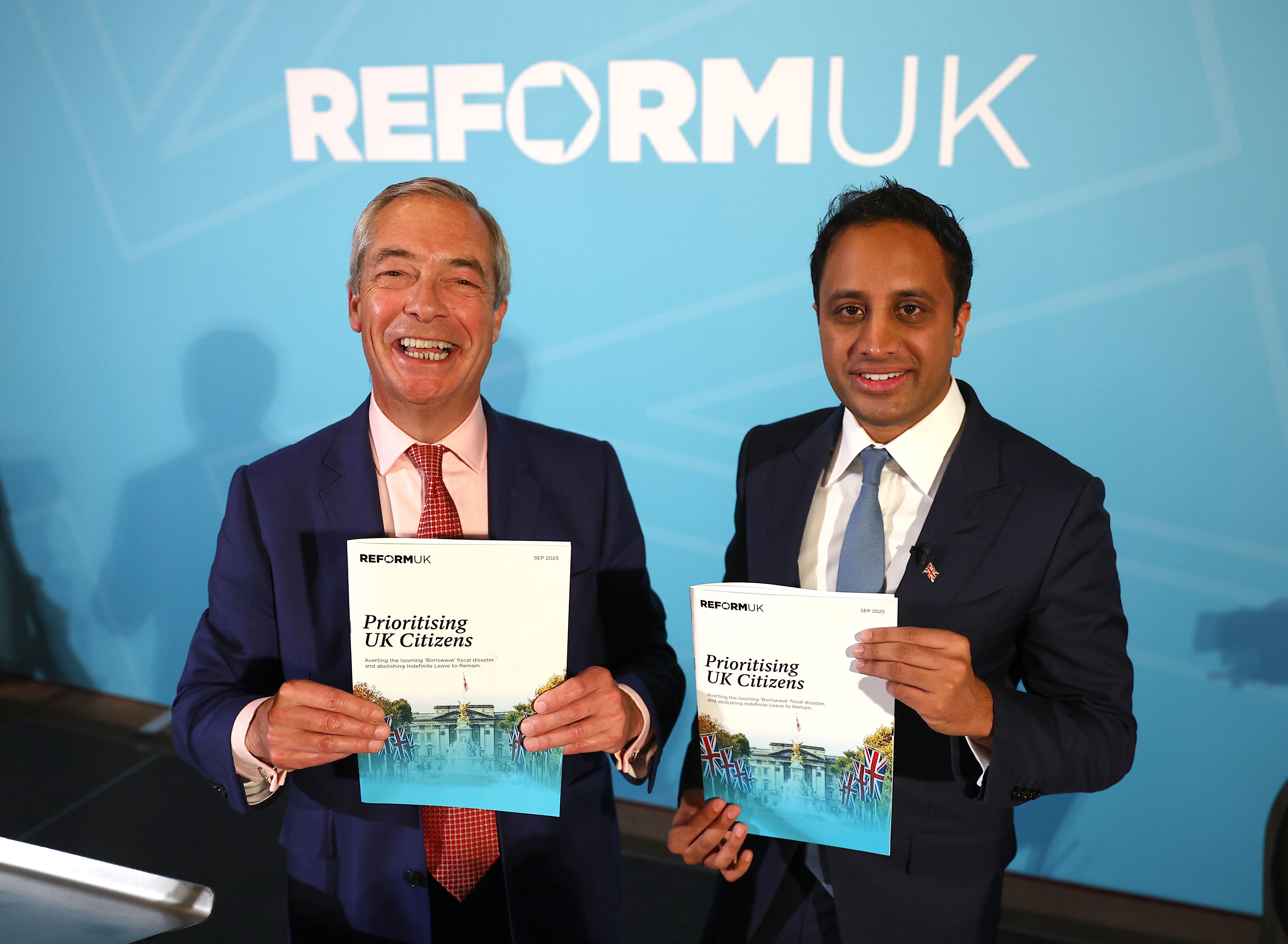 Nigel Farage and Zia Yusuf at a press conference in London on Monday