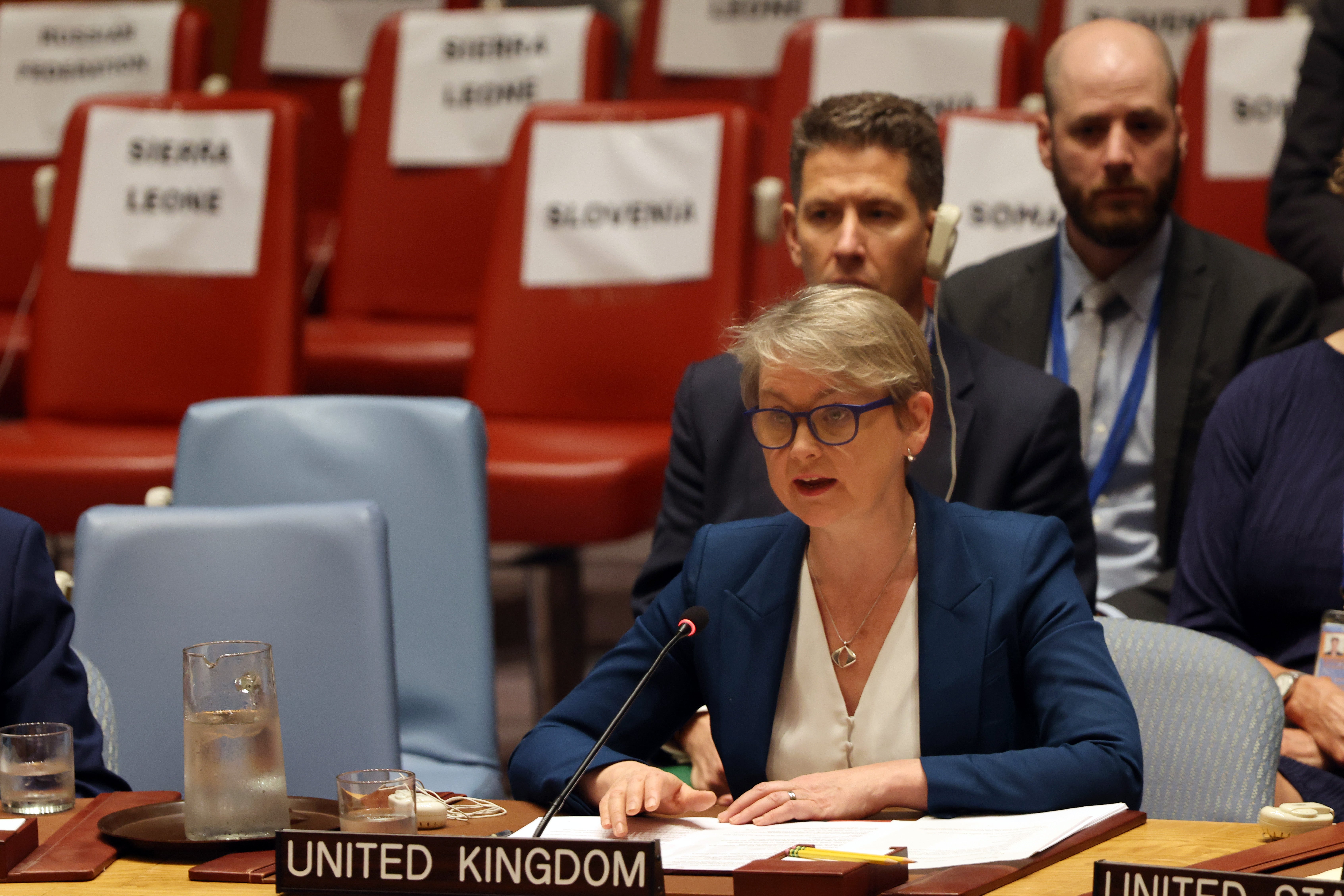 British foreign secretary Yvette Cooper speaks at an emergency meeting of the UN Security Council at the United Nations on Monday
