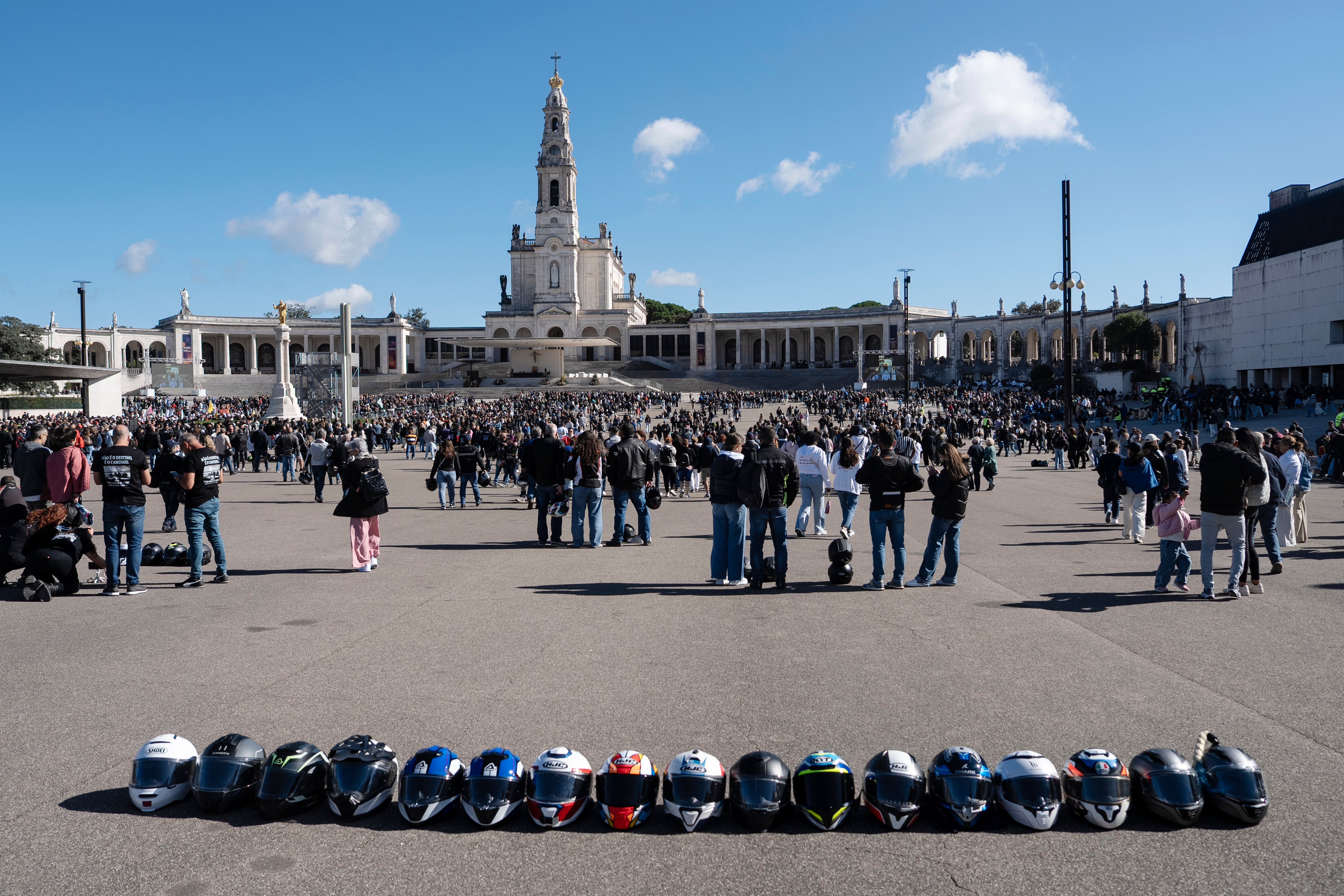 Helmets lie on the ground at the Roman Catholic holy shrine of Fatima