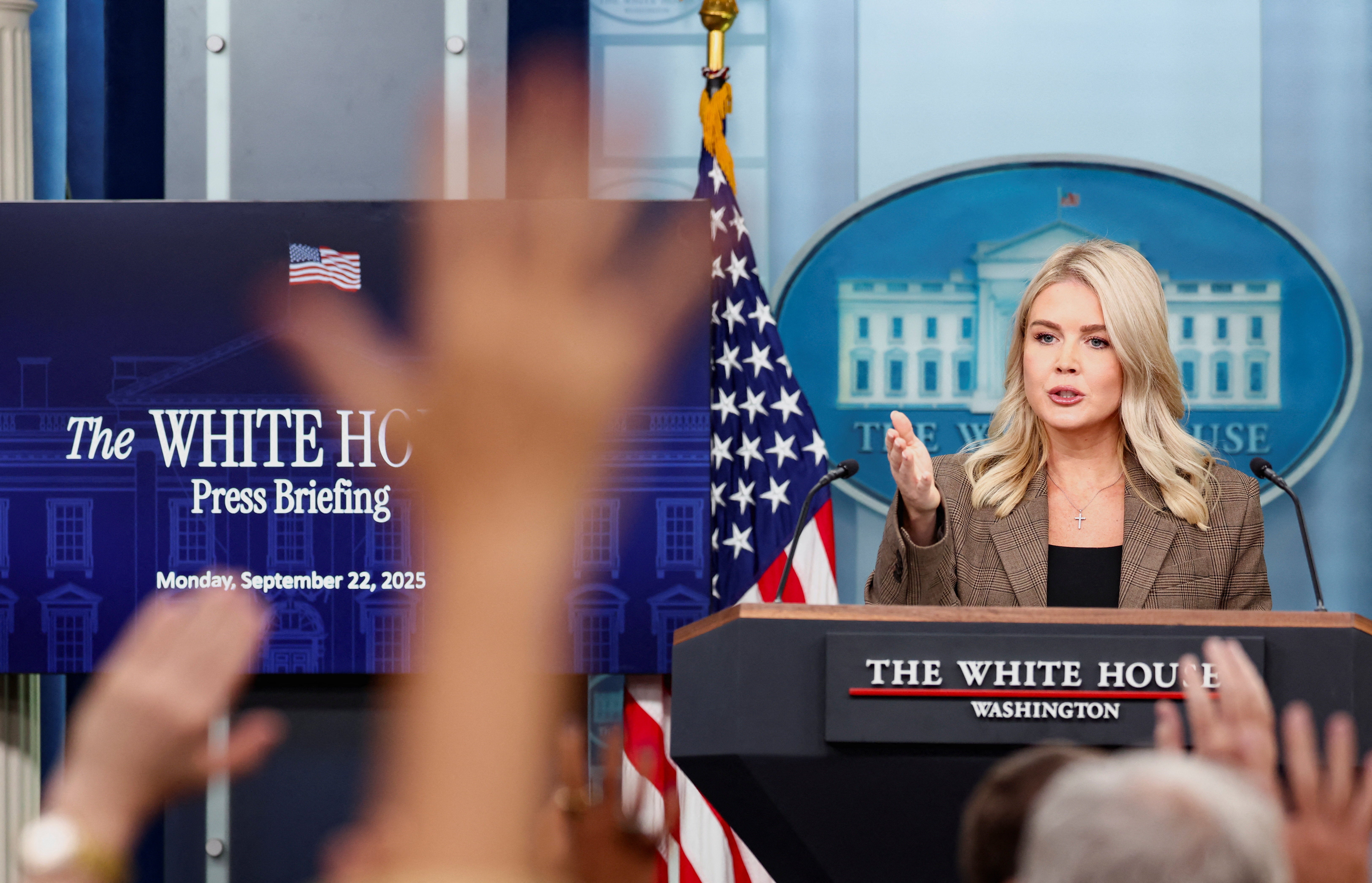 White House press secretary Karoline Leavitt fields questions from reporters in first briefing since Charlie Kirk’s assassination.