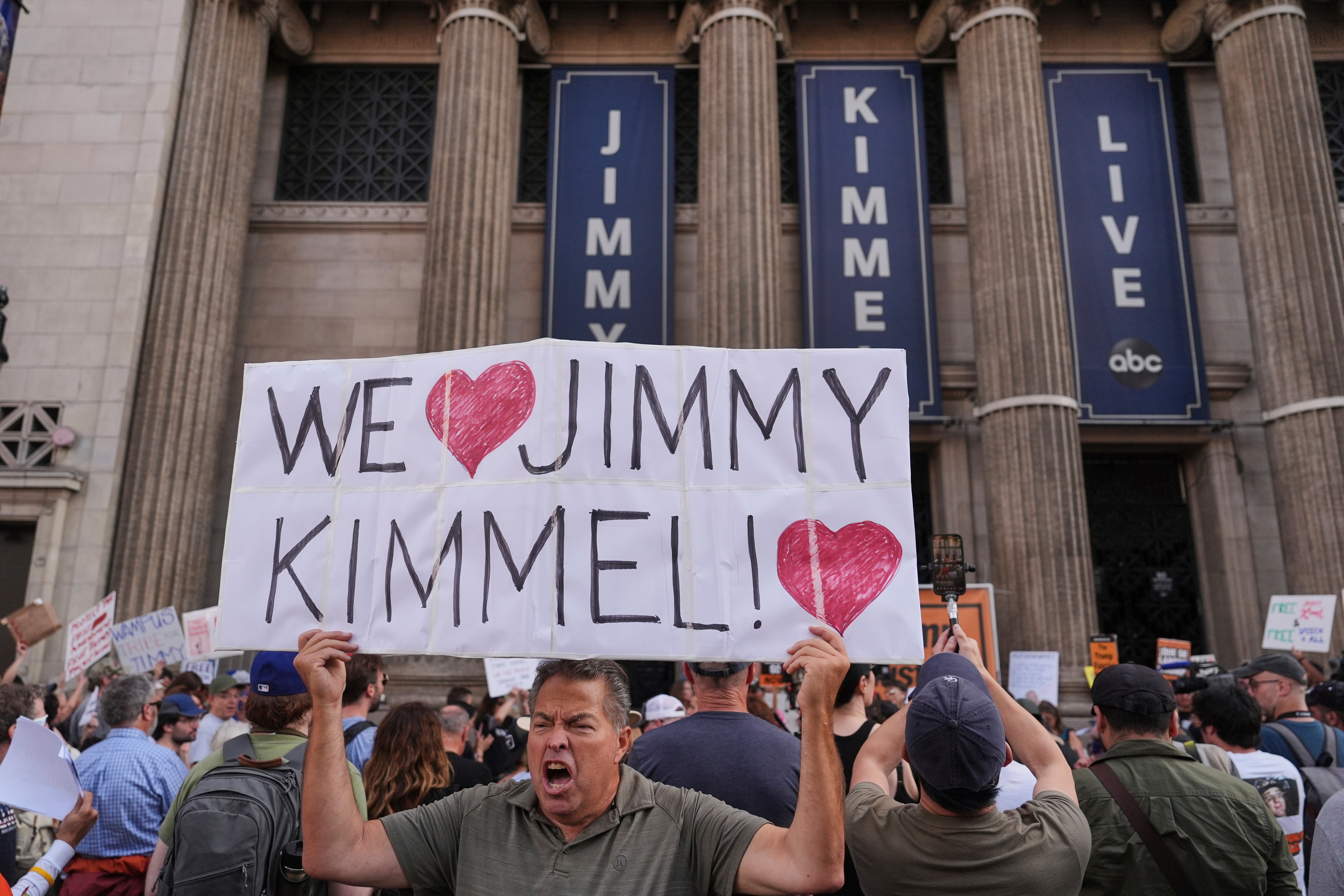 Protests emerged in response to Kimmel’s show’s suspension, including outside his studio