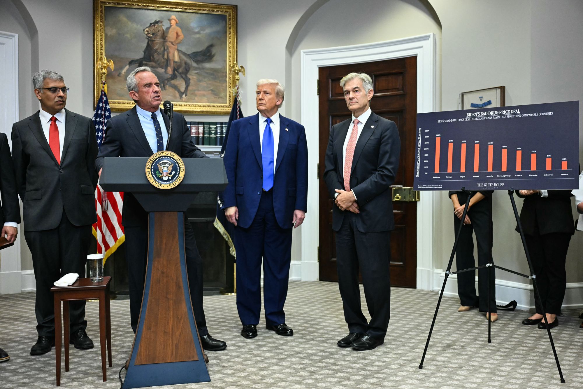 U.S. health secretary Robert F. Kennedy Jr stands in the White House with Donald Trump and other officials as they announce new measures to cut prescription drug prices