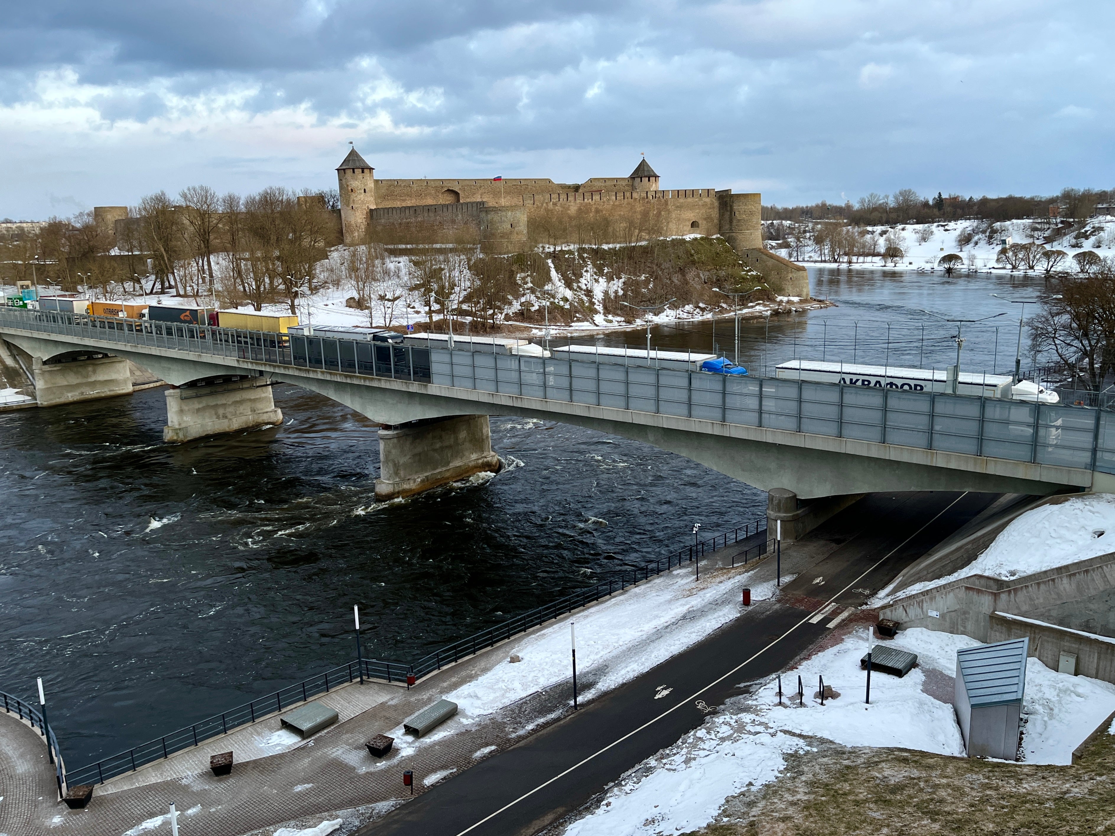 Final frontier: the border post at Narva in Estonia, looking across to the Russian town of Ivangorod