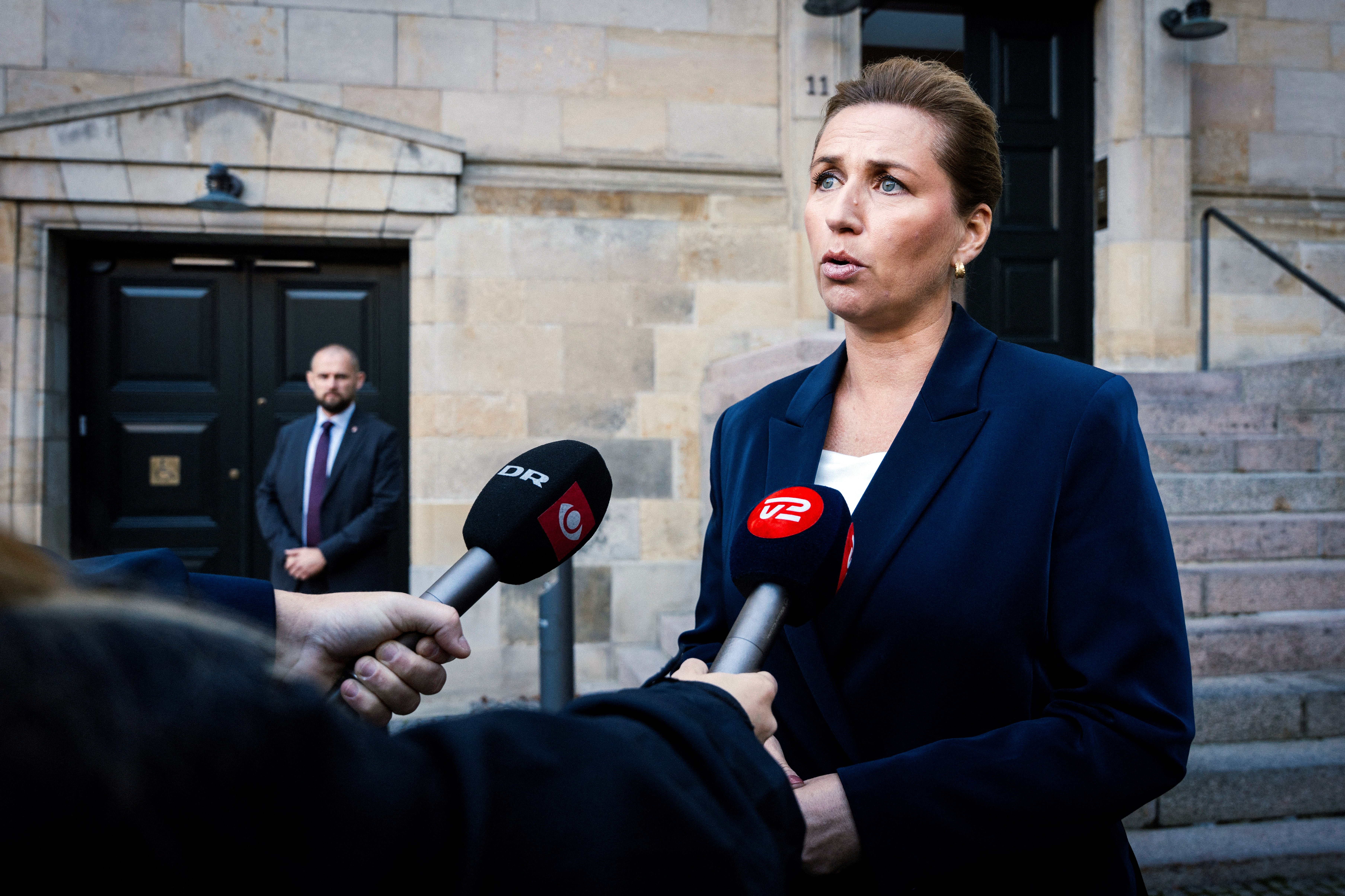 Danish prime minister Mette Frederiksen gives a press statement to comment on drone activity at Copenhagen airport