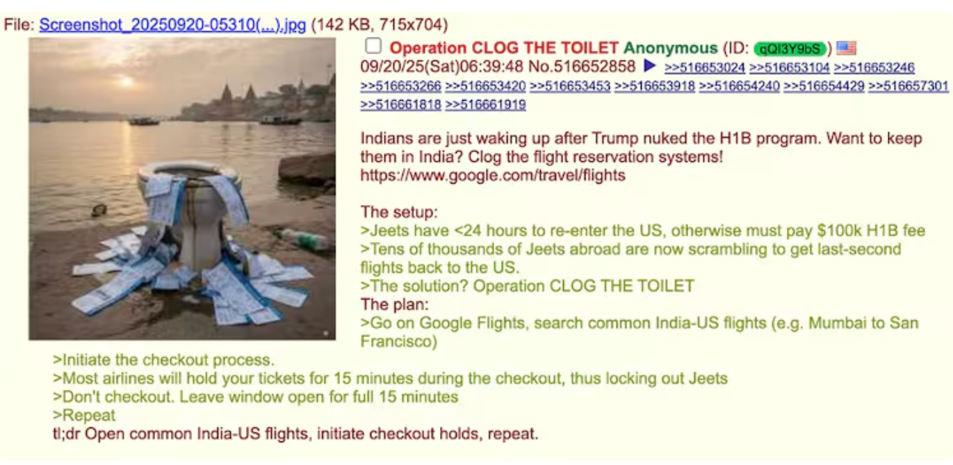 A post on 4chan explaining how users can prank Indians returning to the U.S. by block-booking seats on international flights to cause a ticket price surge