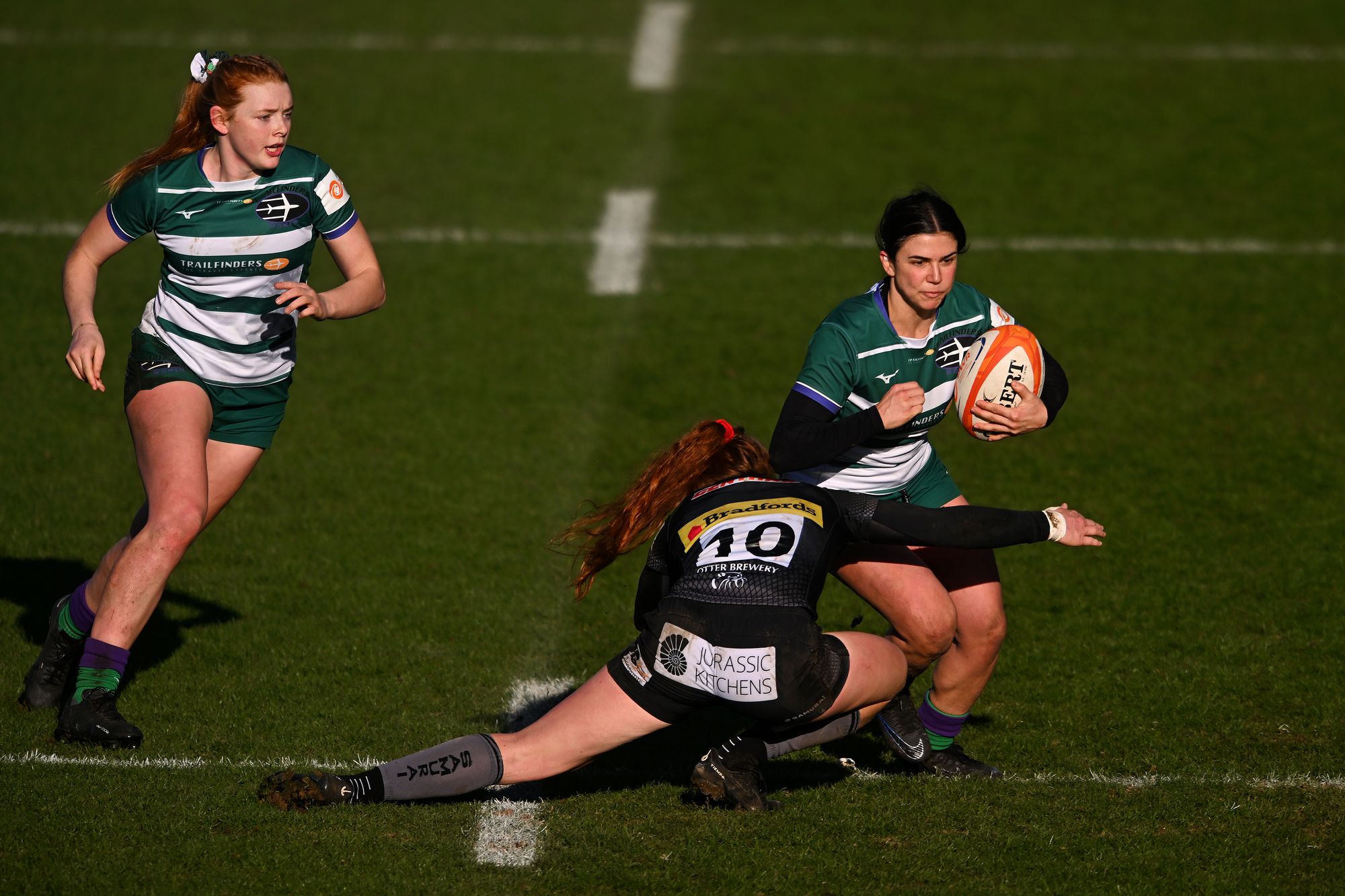 Exeter's Alex Tessier tackles Trailfinders' Julia Schell as two of Canada's stars battle in PWR