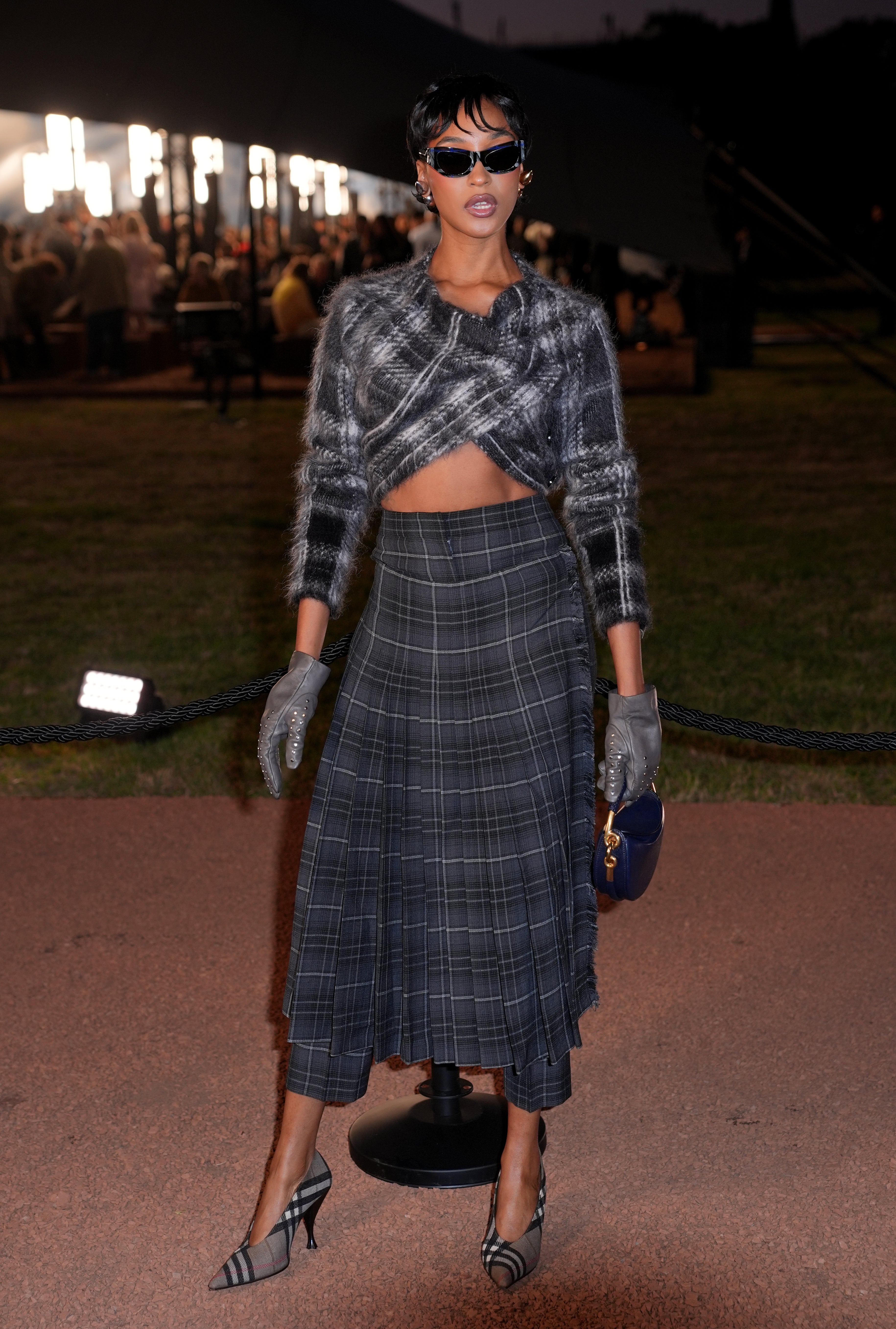 Model Jourdan Dunn sported head-to-toe tartan on the front row at London Fashion Week