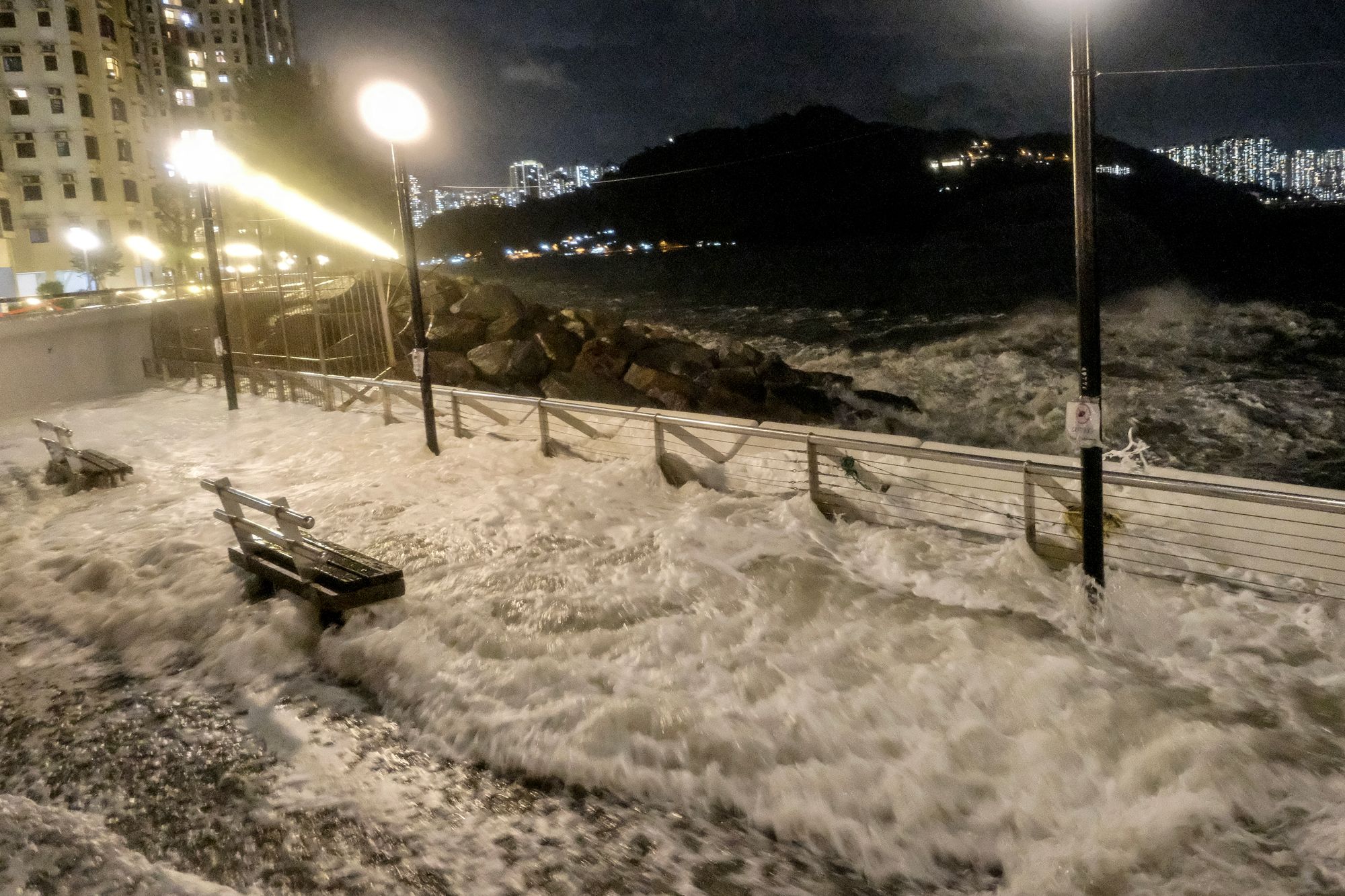 Waves crash into the Heng Fa Chuen residential districtÂ as Super Typhoon Ragasa approaches near Hong Kong