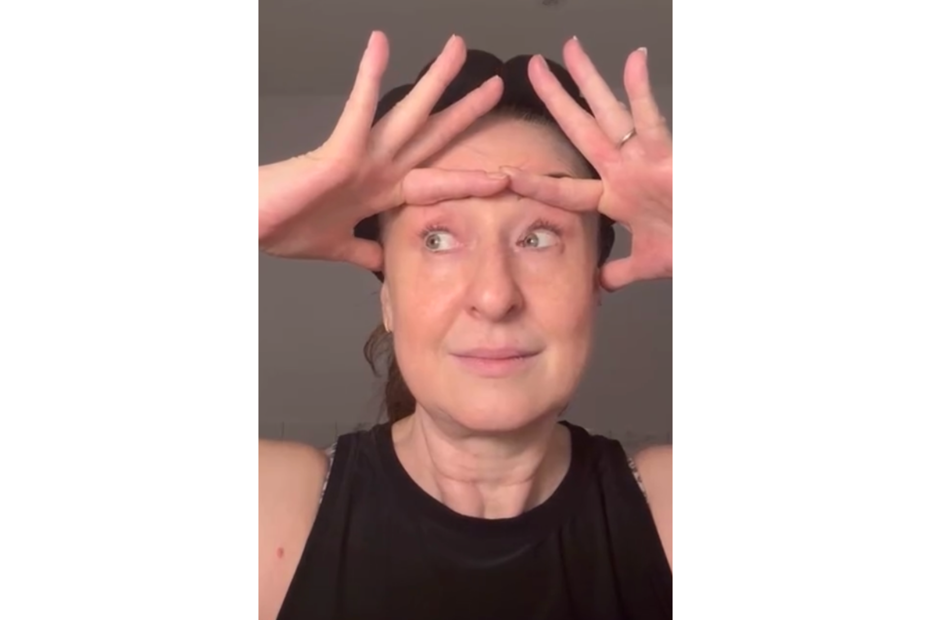 Evans strengthens the muscles around her eyes by blinking with resistance against her eyelids