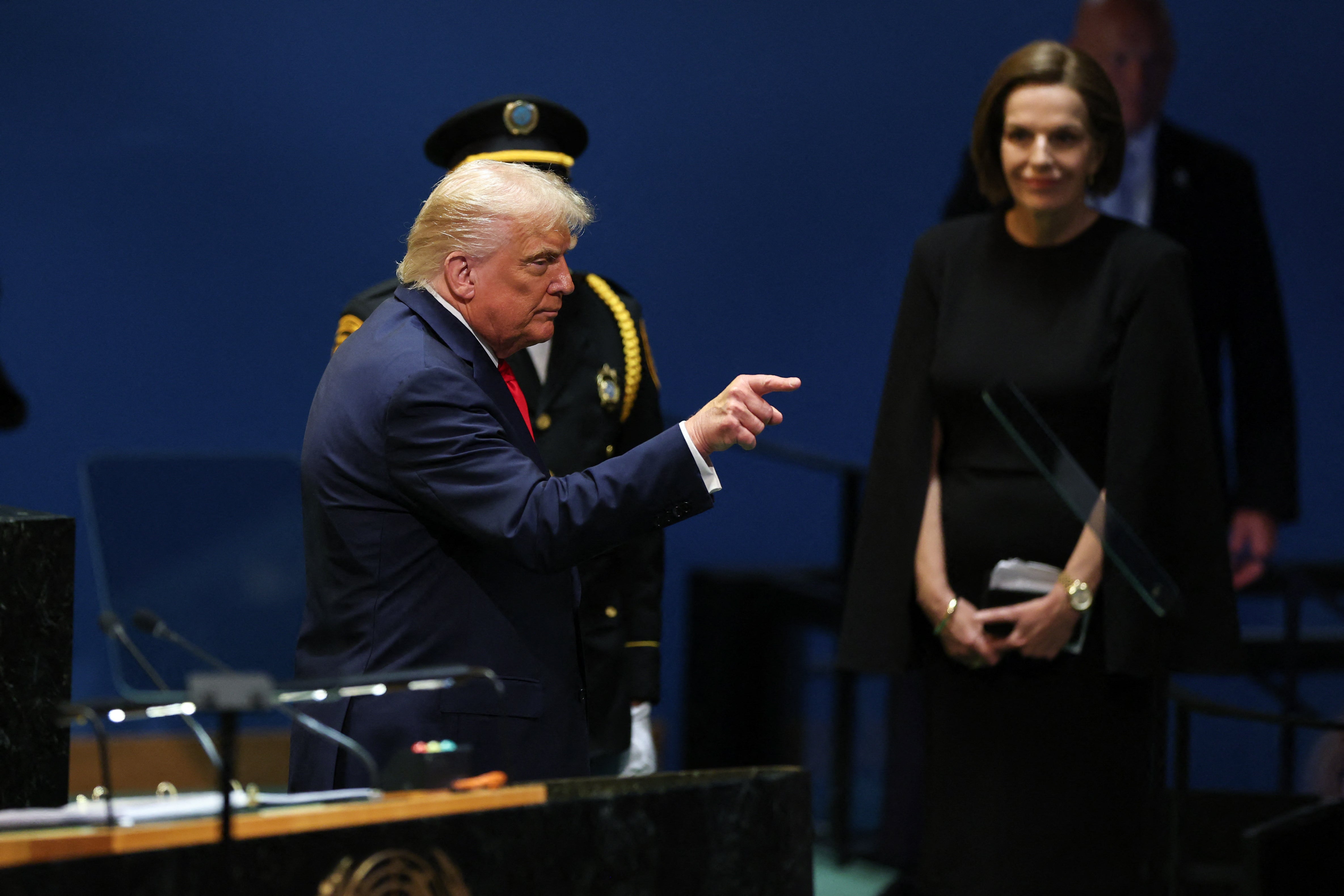 Donald Trump gestures after concluding his remarks to the United Nations General Assembly at the UN headquarters in New York