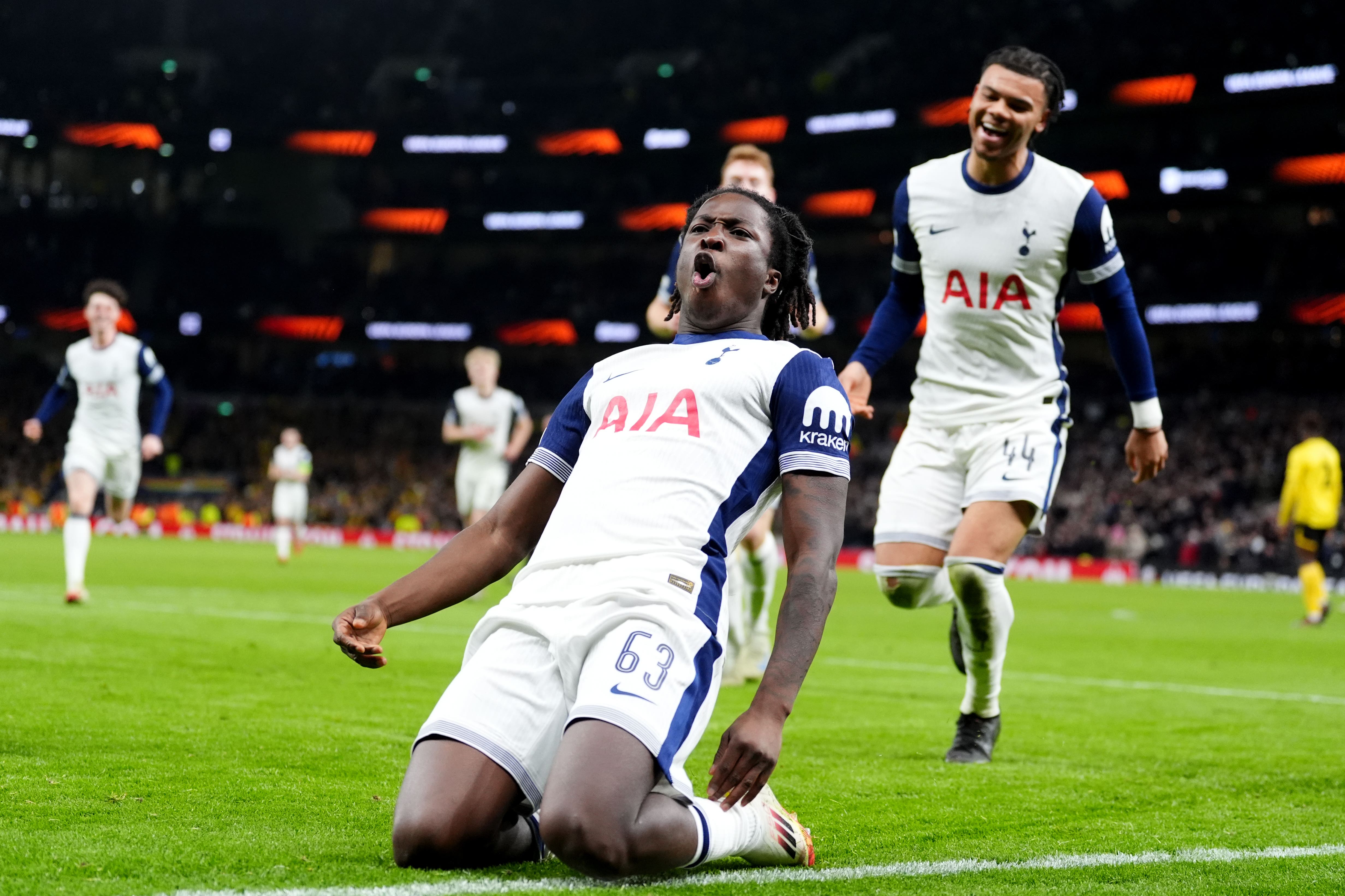 Damola Ajayi celebrates scoring for Tottenham in a 3-0 win over Elfsborg (Adam Davy/PA)