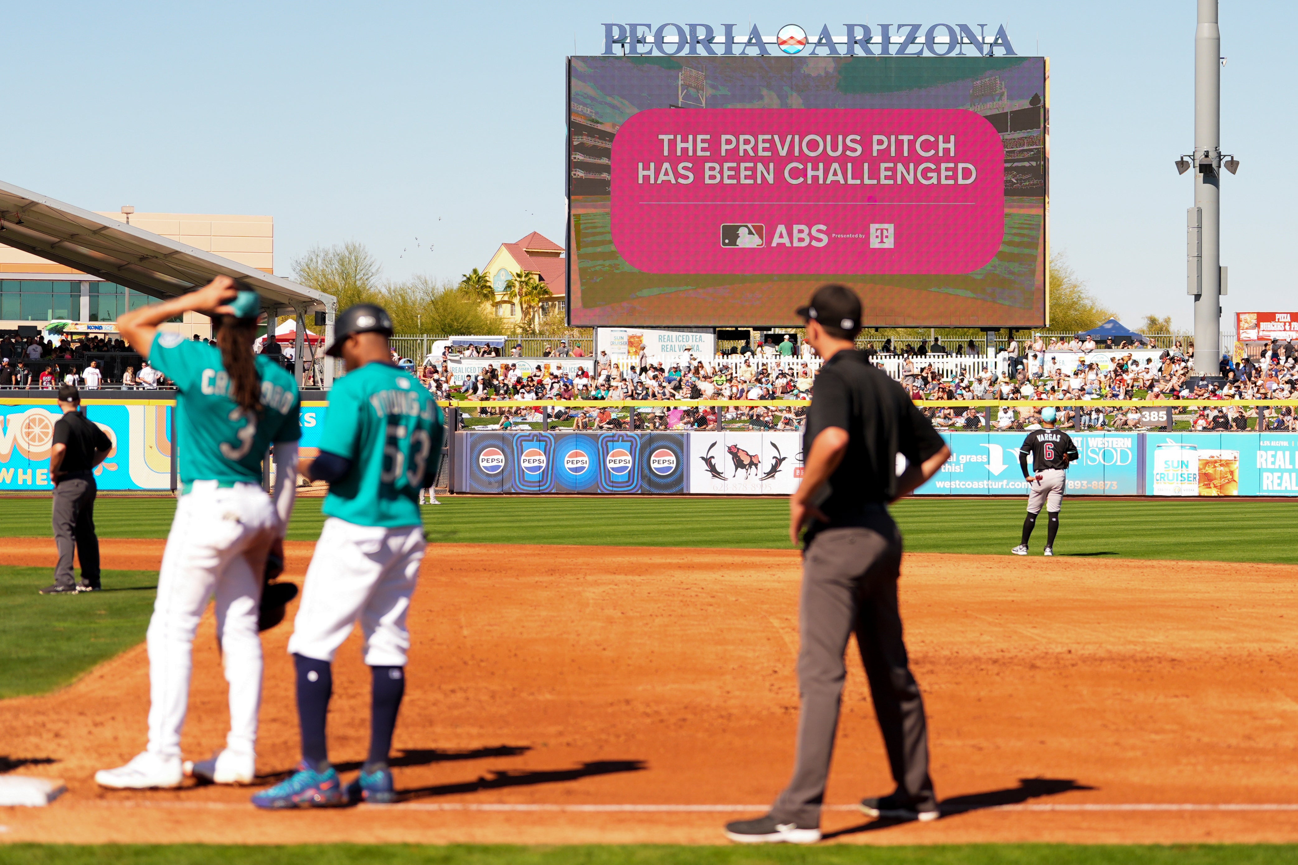 An outfield screen shows a graphic indicating a review with the automated ball-strike challenge system
