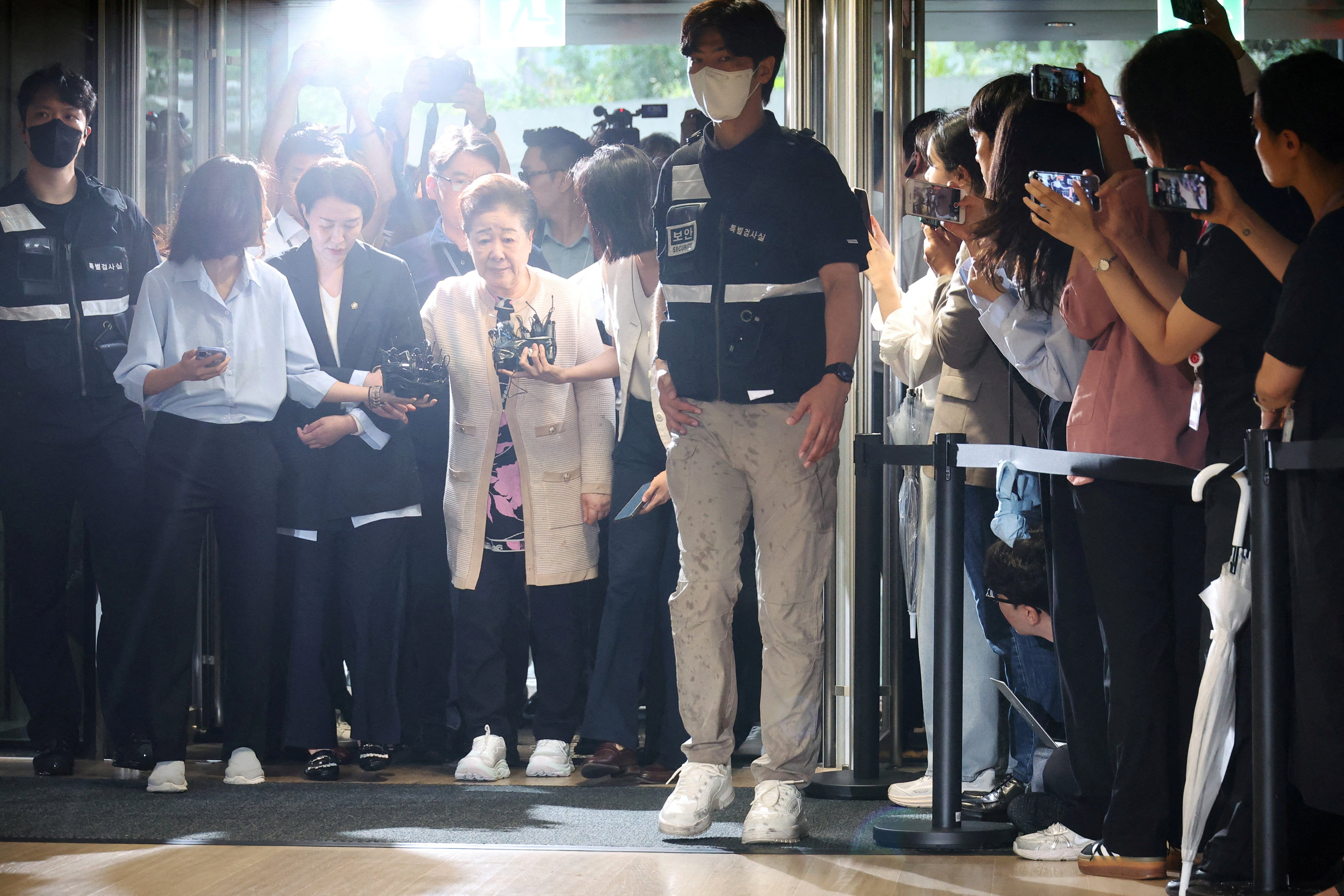 Hak Ja Han, the leader of the Unification Church, arrives at the special prosecutors' office for questioning over allegations, which she has denied, that she instructed the church to bribe the wife of ousted President Yoon Suk Yeol and a politician close to Yoon, in Seoul, South Korea, 17 September 2025