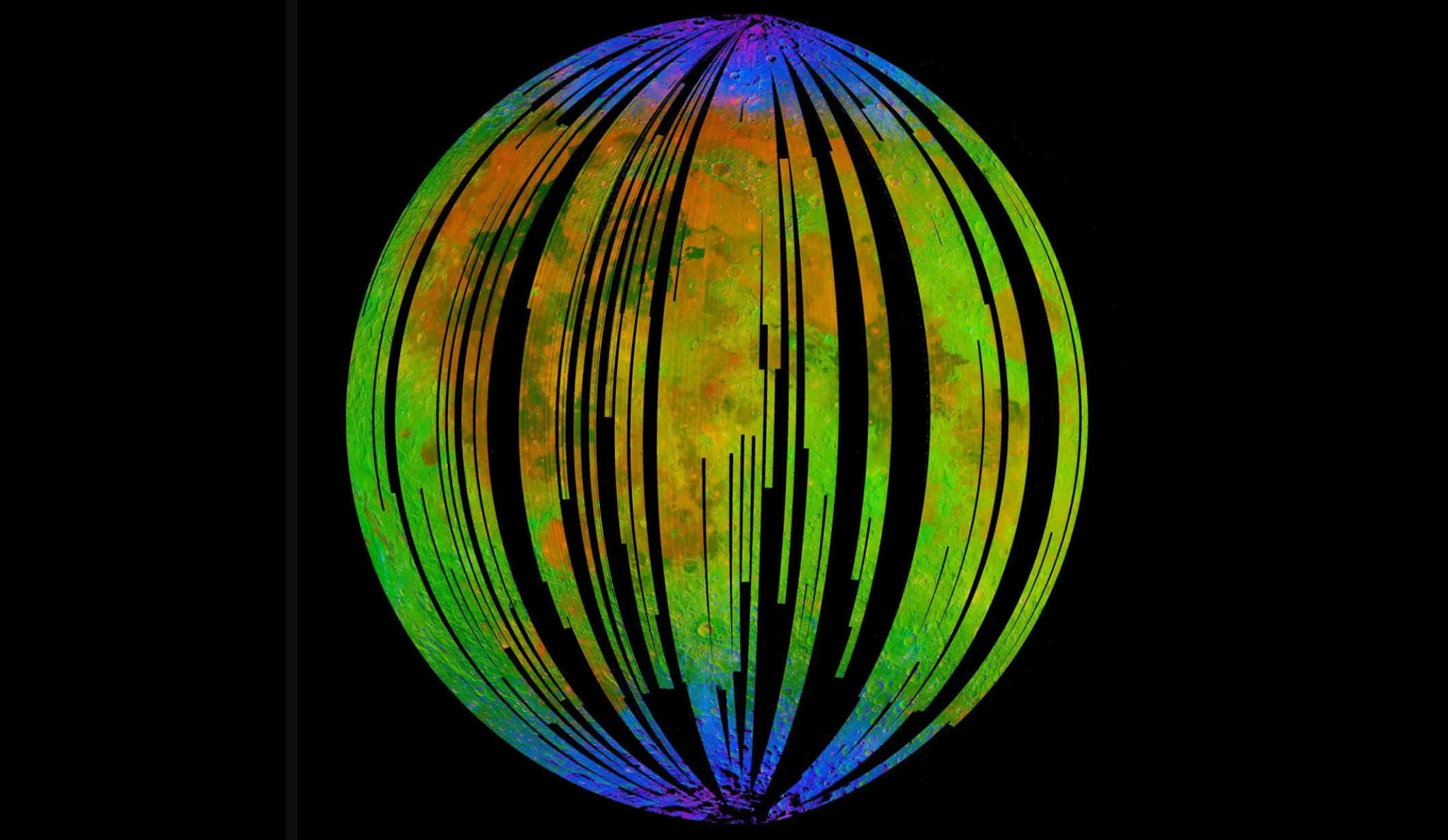 The blue areas in this composite image from the Moon Mineralogy Mapper (M3) aboard the Indian Space Research Organization’s Chandrayaan-1 orbiter shows signs of hematite, a form of rust, at the Moon's poles