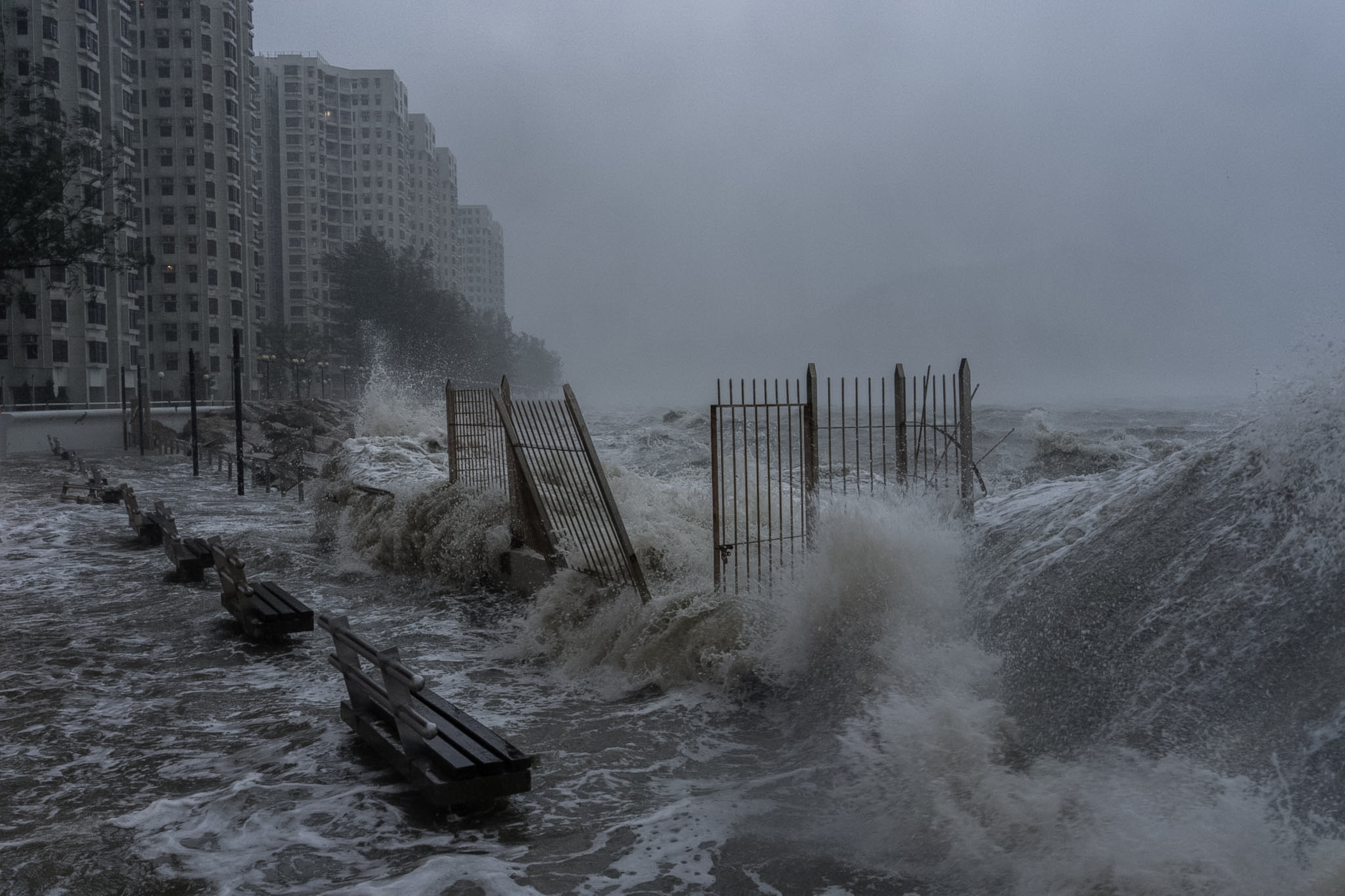 Strong waves crash against the waterfront in Heng Fa Chuen area amid rains from Super Typhoon Ragasa