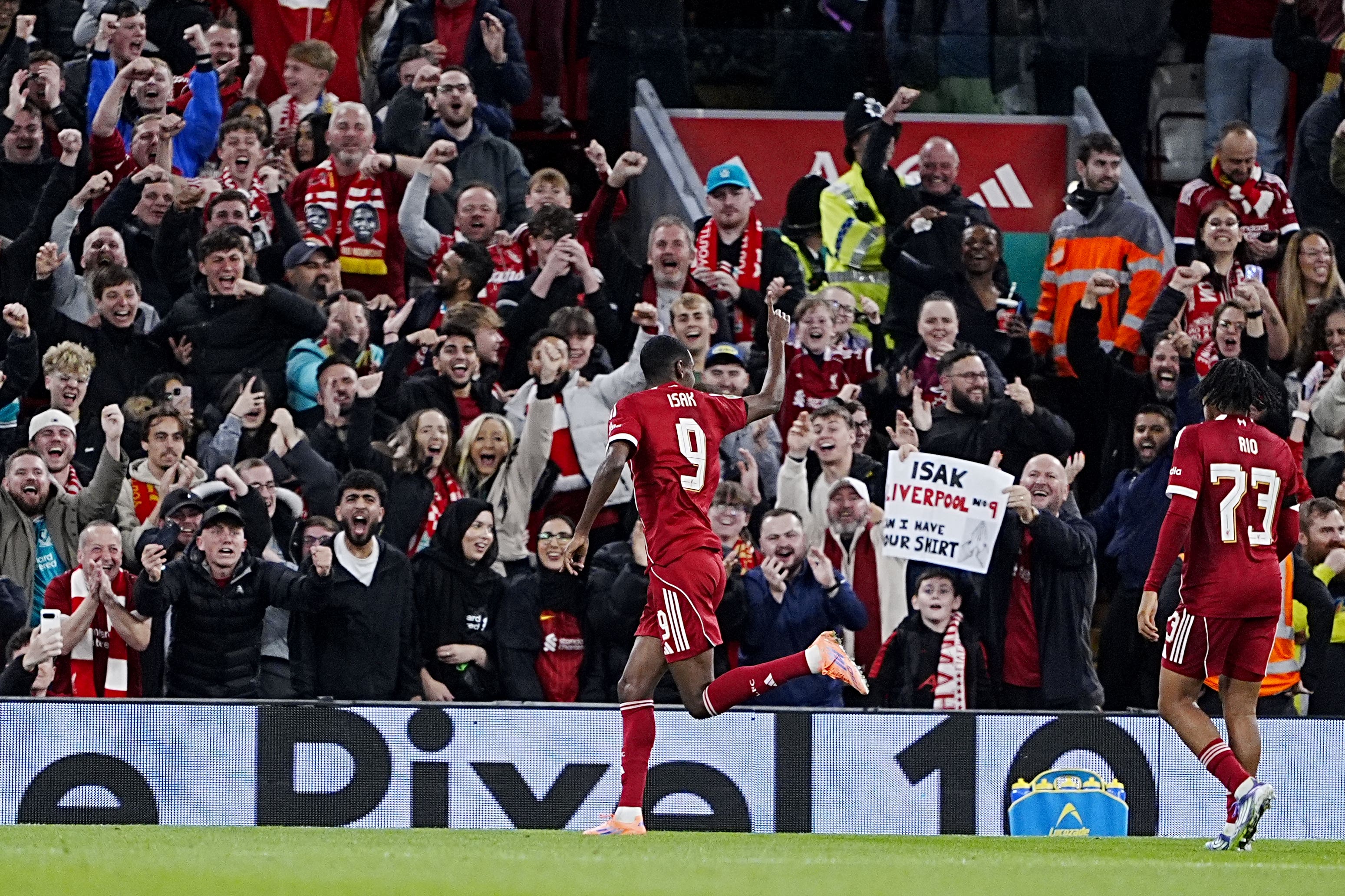 Alexander Isak celebrates scoring Liverpool’s opener against Southampton (Peter Byrne/PA)