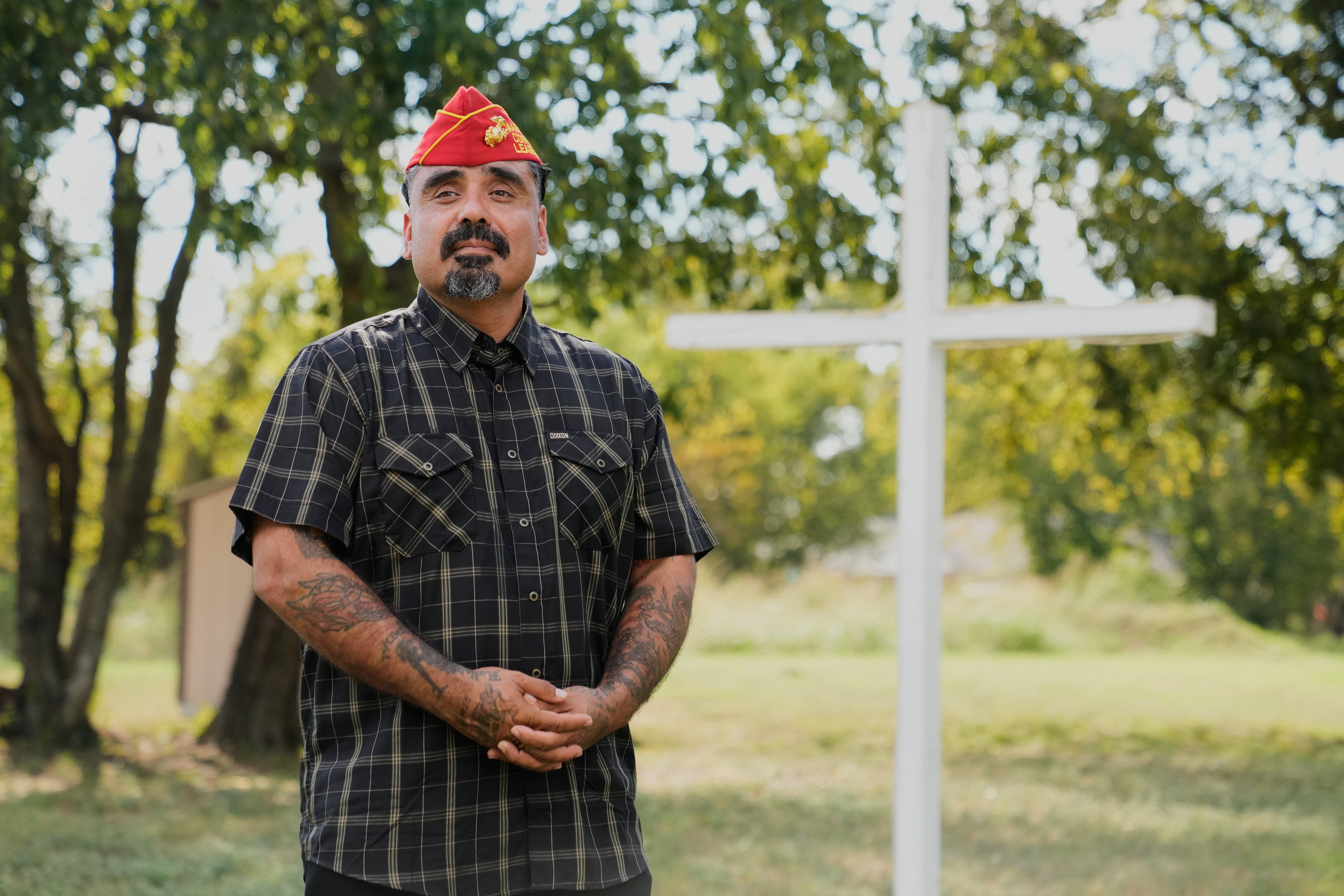 After serving with the US Marine Corps in Iraq, Julio Torres has the American flag and Marine Corps insignia tattooed on his arms to show his pride in serving a country he calls home
