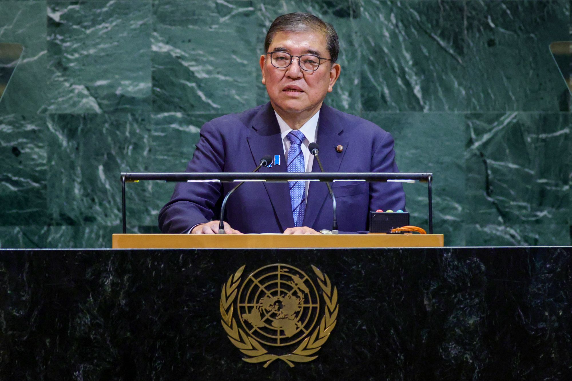 <p>Japanese prime minister Shigeru Ishiba speaks during the General Debate of the United Nations General Assembly at the UN headquarters in New York City on 23 September 2025</p>