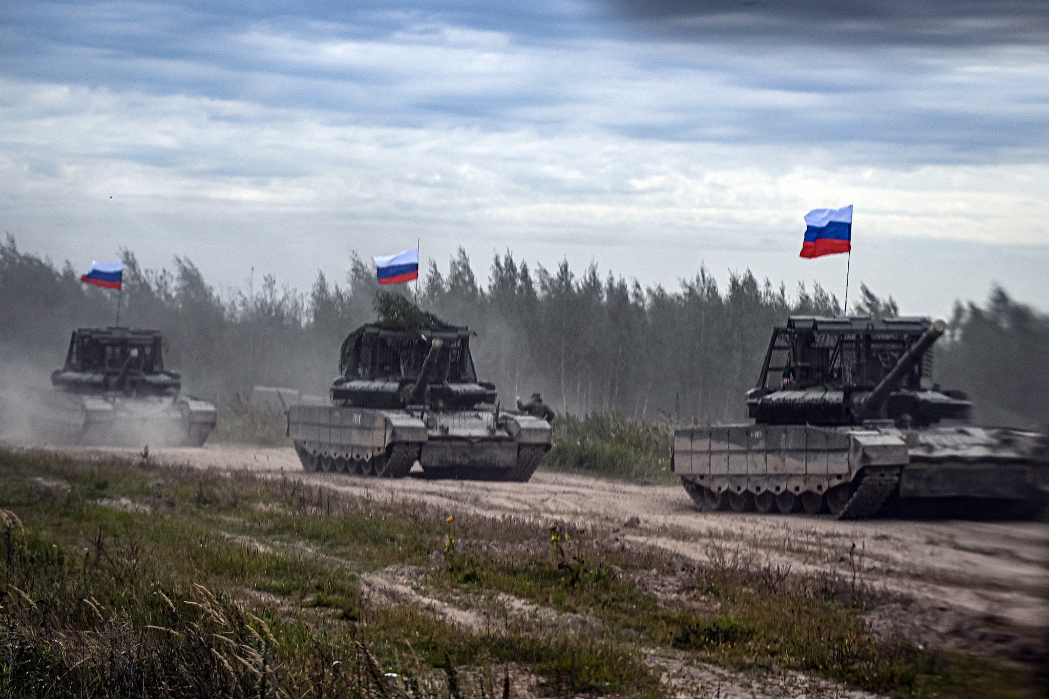 Russian tanks move during the "Zapad-2025" drills in September