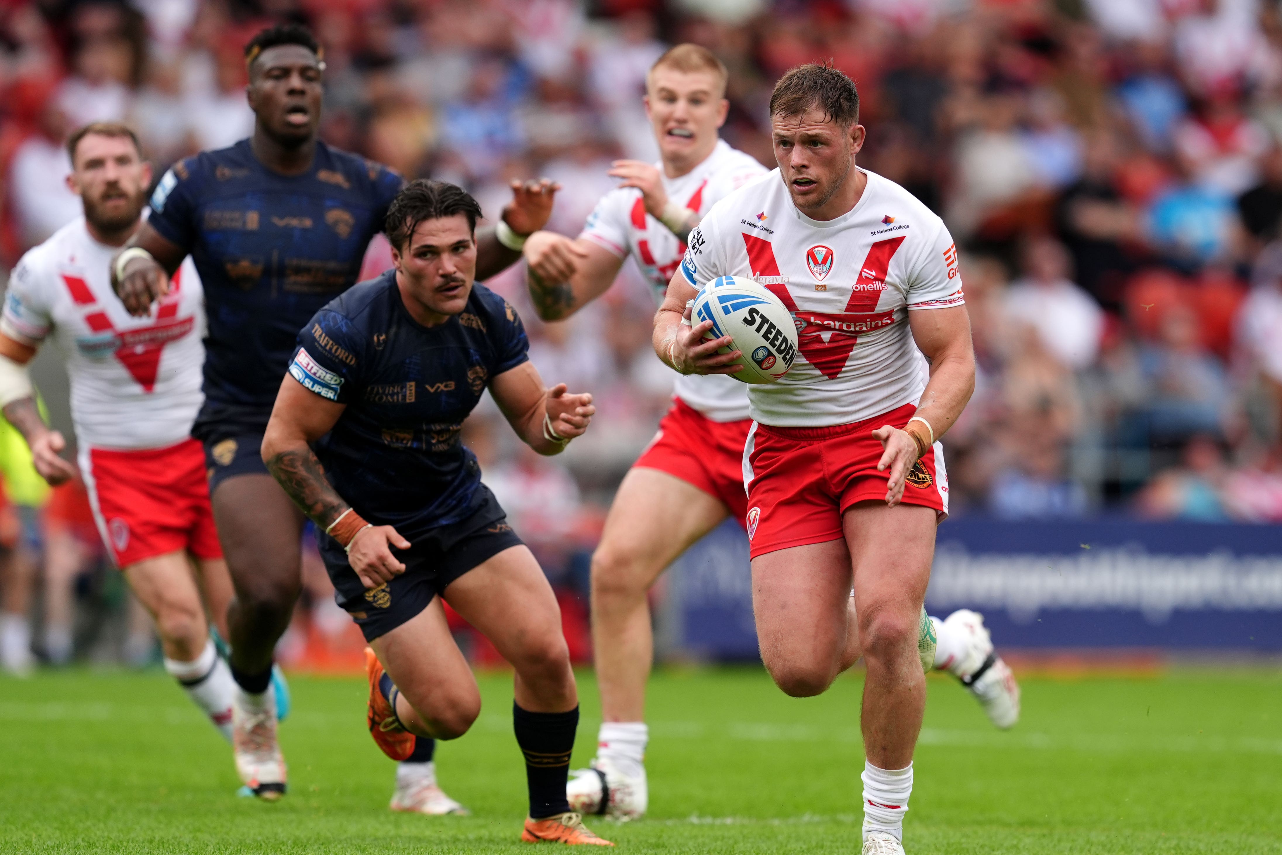 St Helen’s Morgan Knowles on the way to scoring their fourth try during the Betfred Super League match at the Totally Wicked Stadium, St Helens. Picture date: Sunday June 29, 2025.