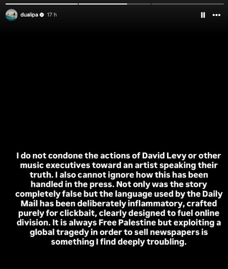 Dua Lipa shared a statement to her Instagram stories