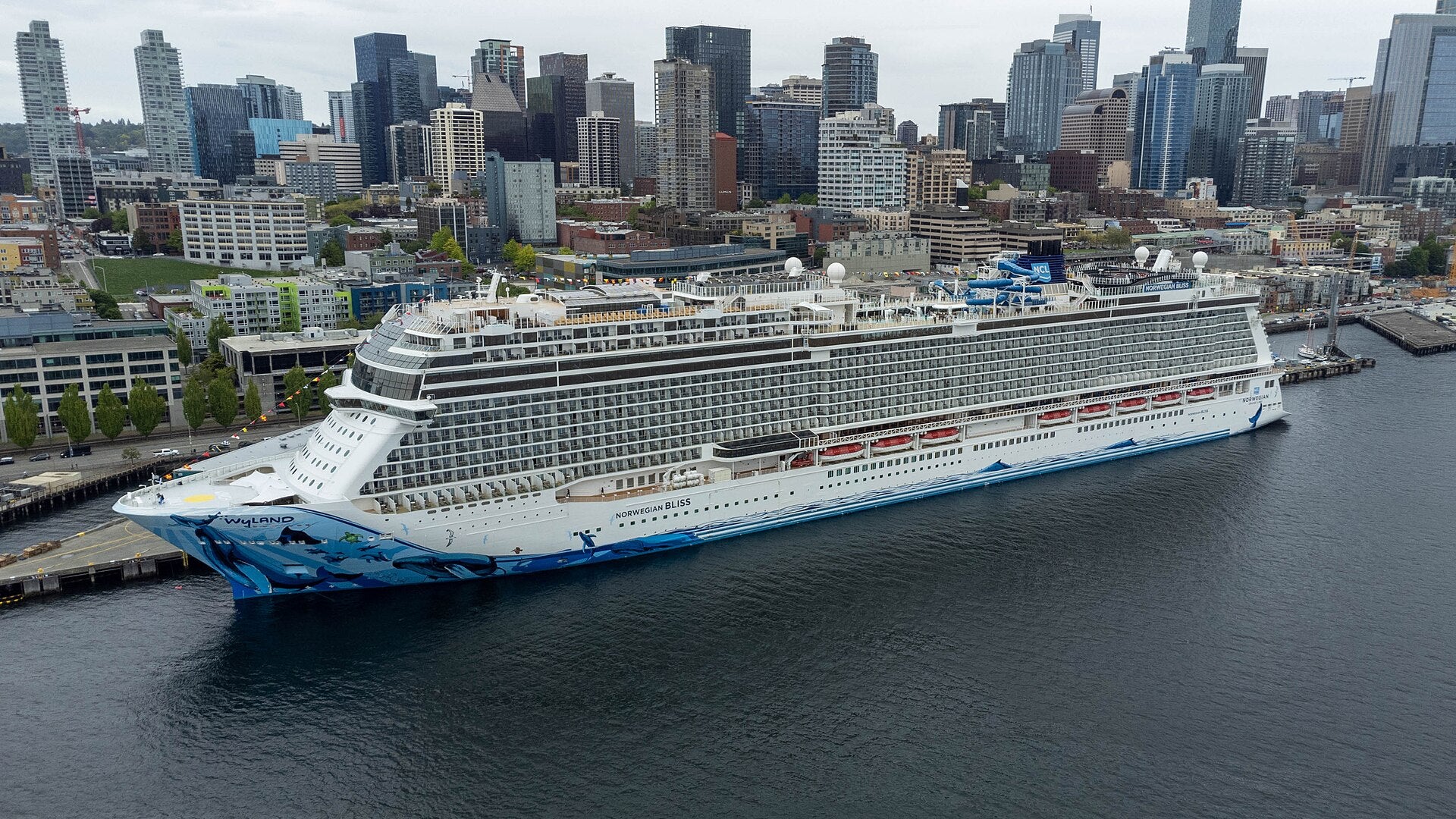 The Norwegian Bliss pictured in Seattle. Its Ocean Loop slides sit roughly 159 feet above the water