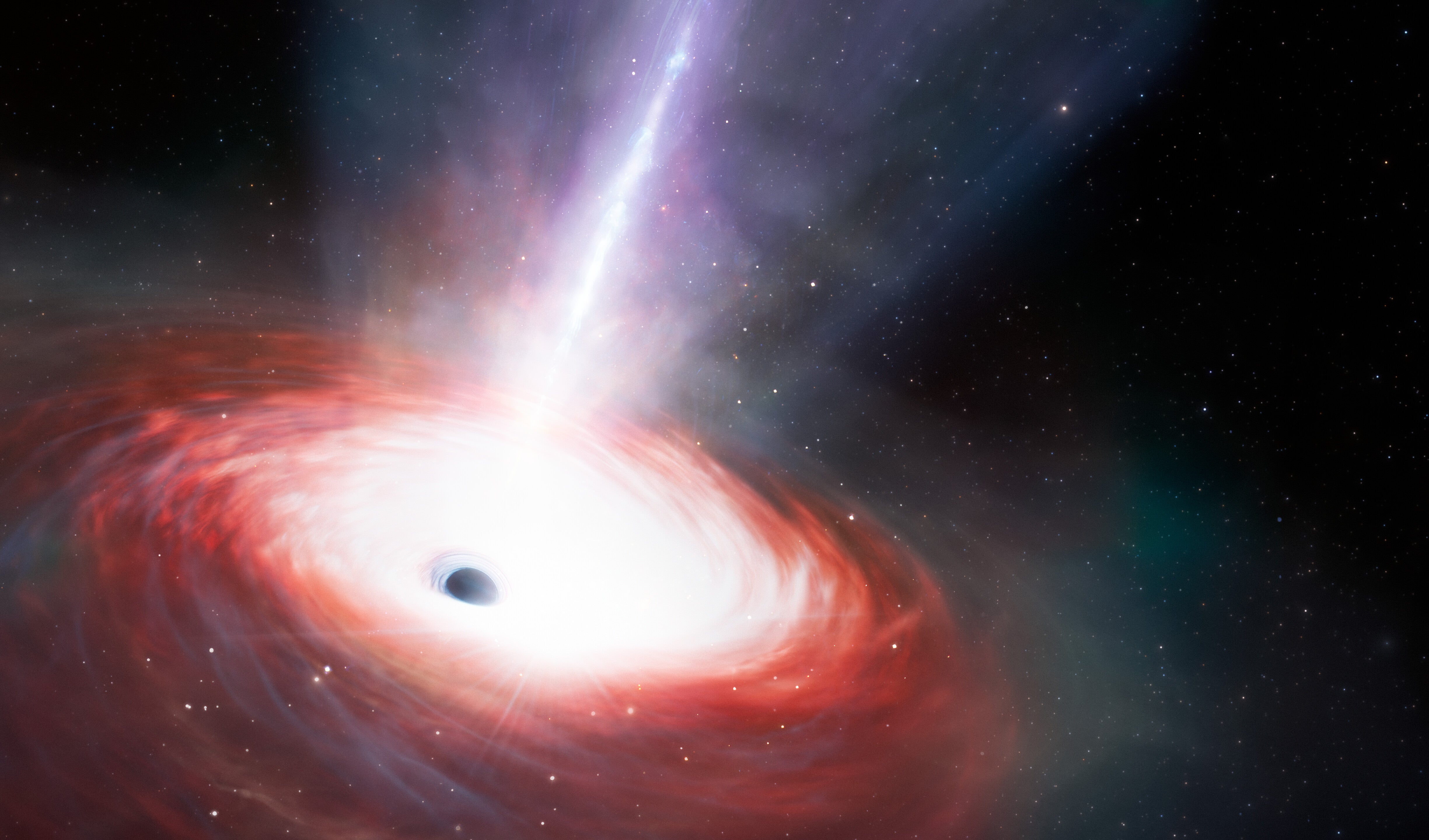 An artist's illustration of a rapidly feeding black hole that is emitting powerful gas outflows
