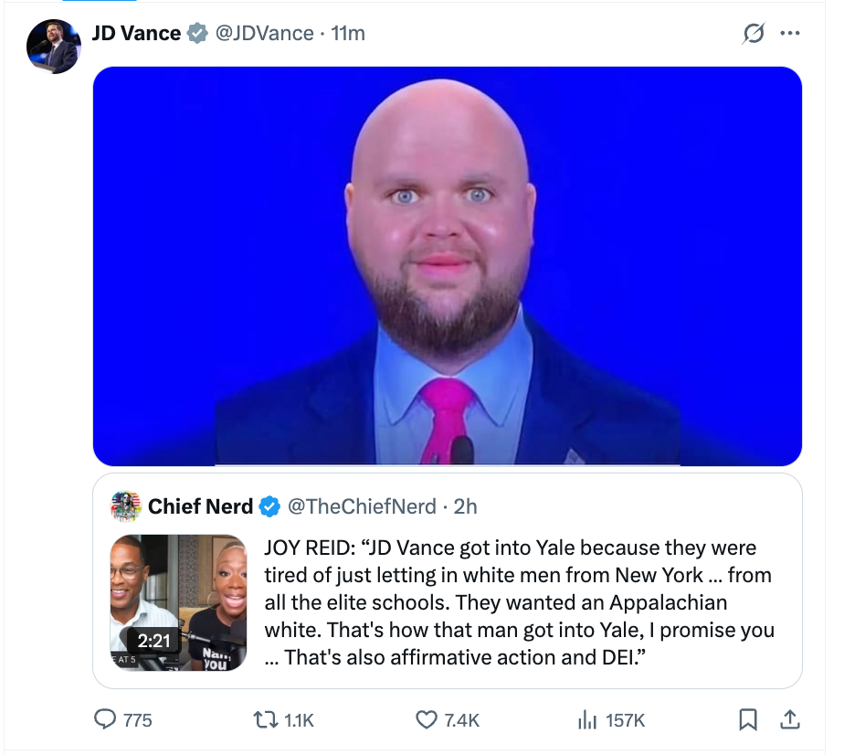 An hour after posting about the Texas attack, the vice president shared the meme in response to a clip of former MSNBC host Joy Reid talking about diversity, equity and inclusion, as she speculated about how Vance was admitted to Yale