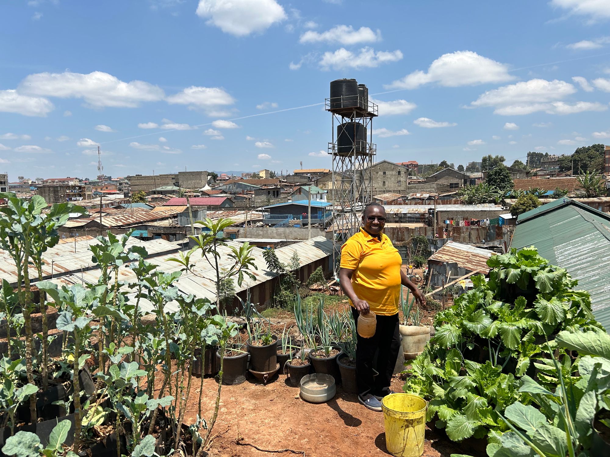59-year old Jane Changawa is luckier than some, living in a triple-story building, where she grows vegetables on the rooftop