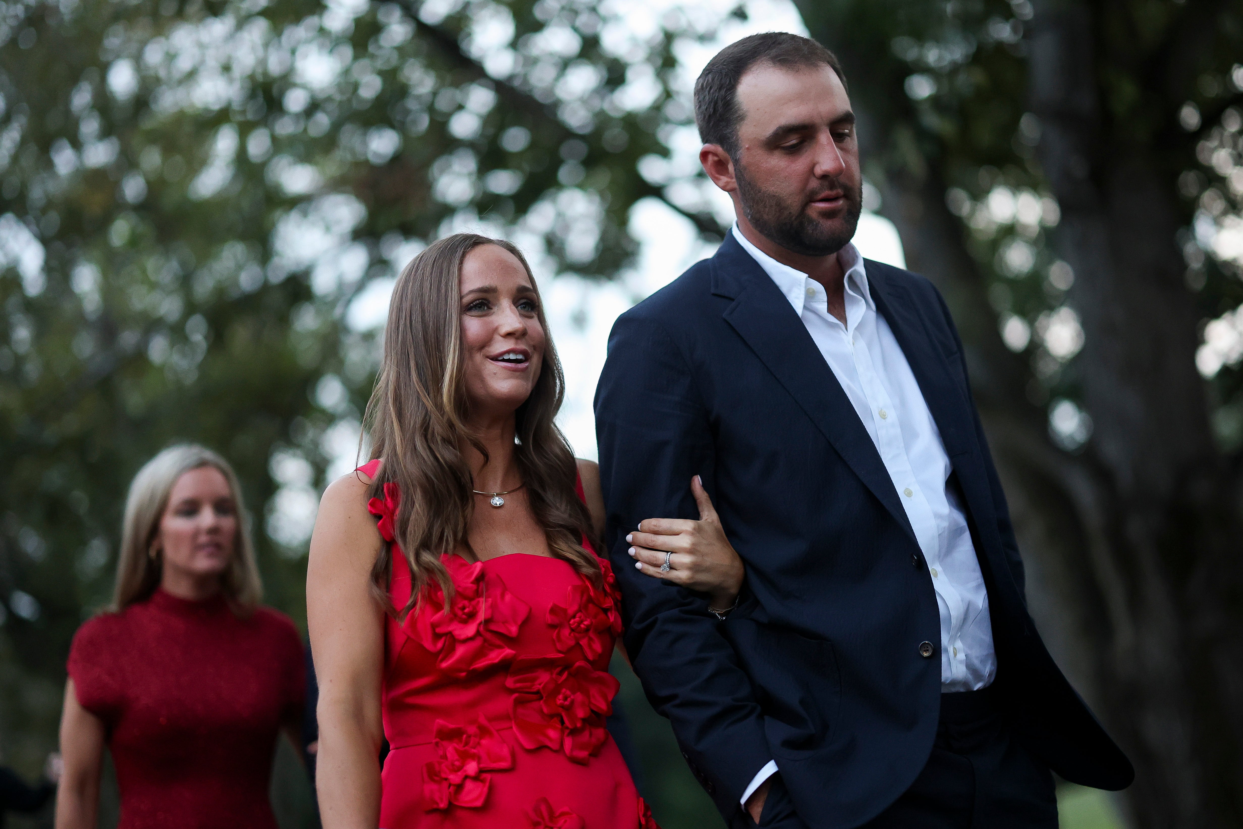 Scottie Scheffler of Team United States and his wife Meredith Scheffler arrive for the Ryder Cup Teams' Welcome Dinner