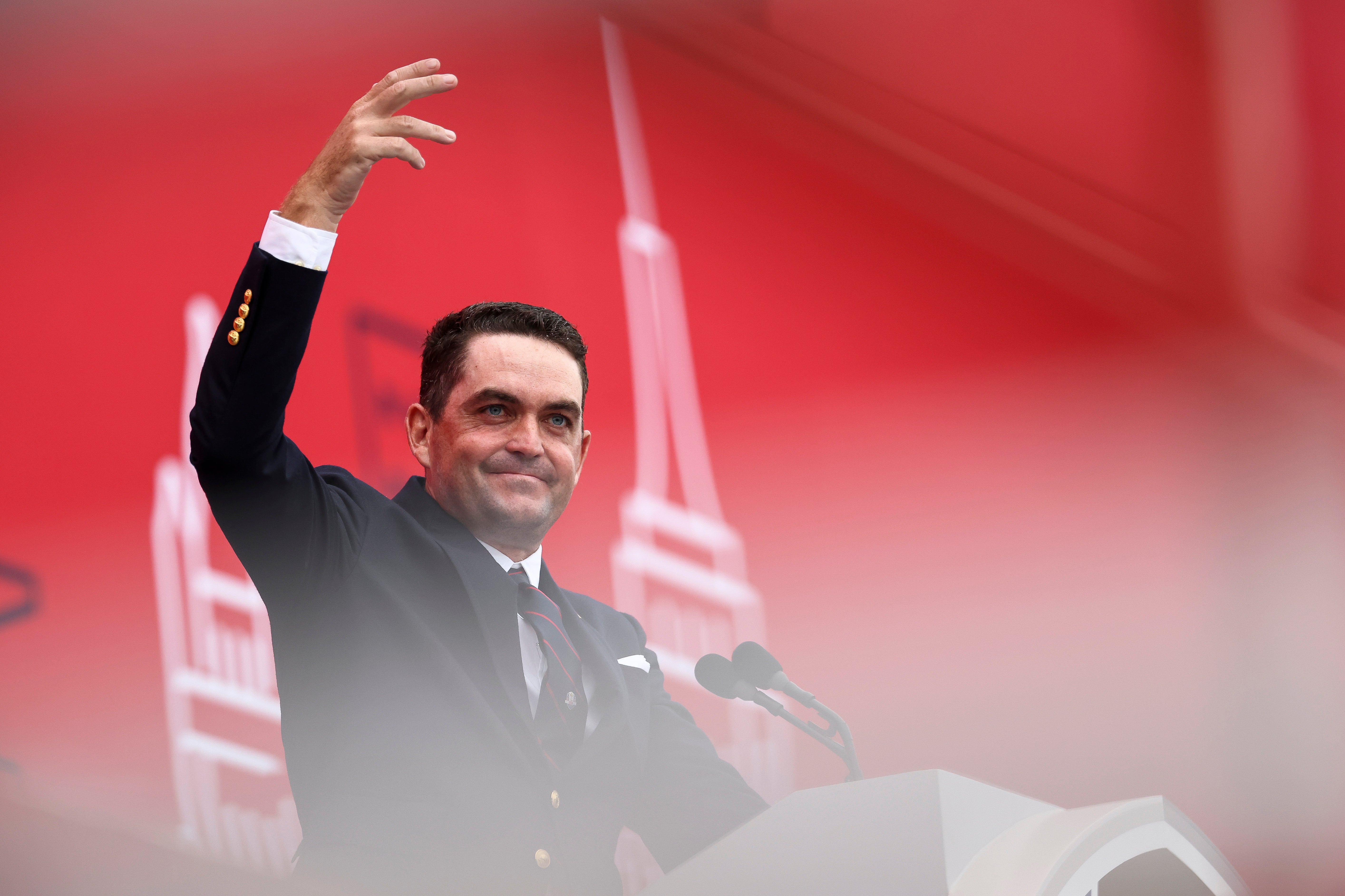 Captain Keegan Bradley of Team United States acknowledges the crowd