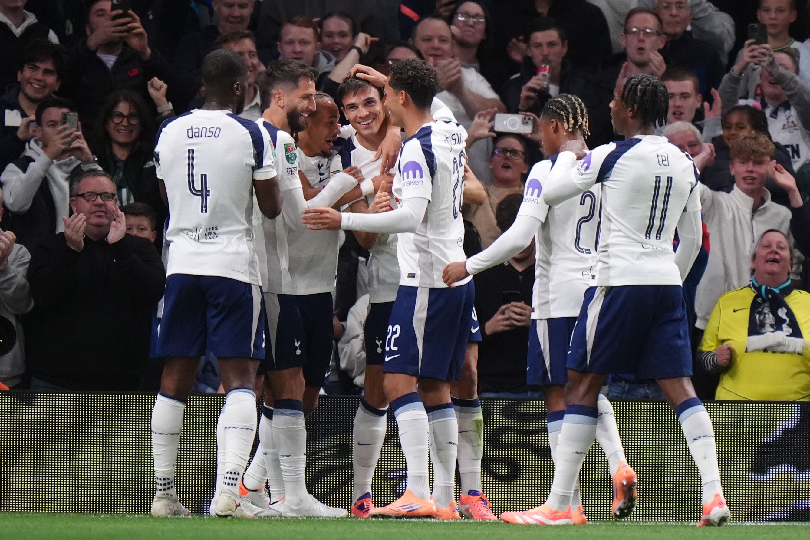 Joao Palhinha celebrates scoring Tottenham’s first goal (Bradley Collyer/PA)