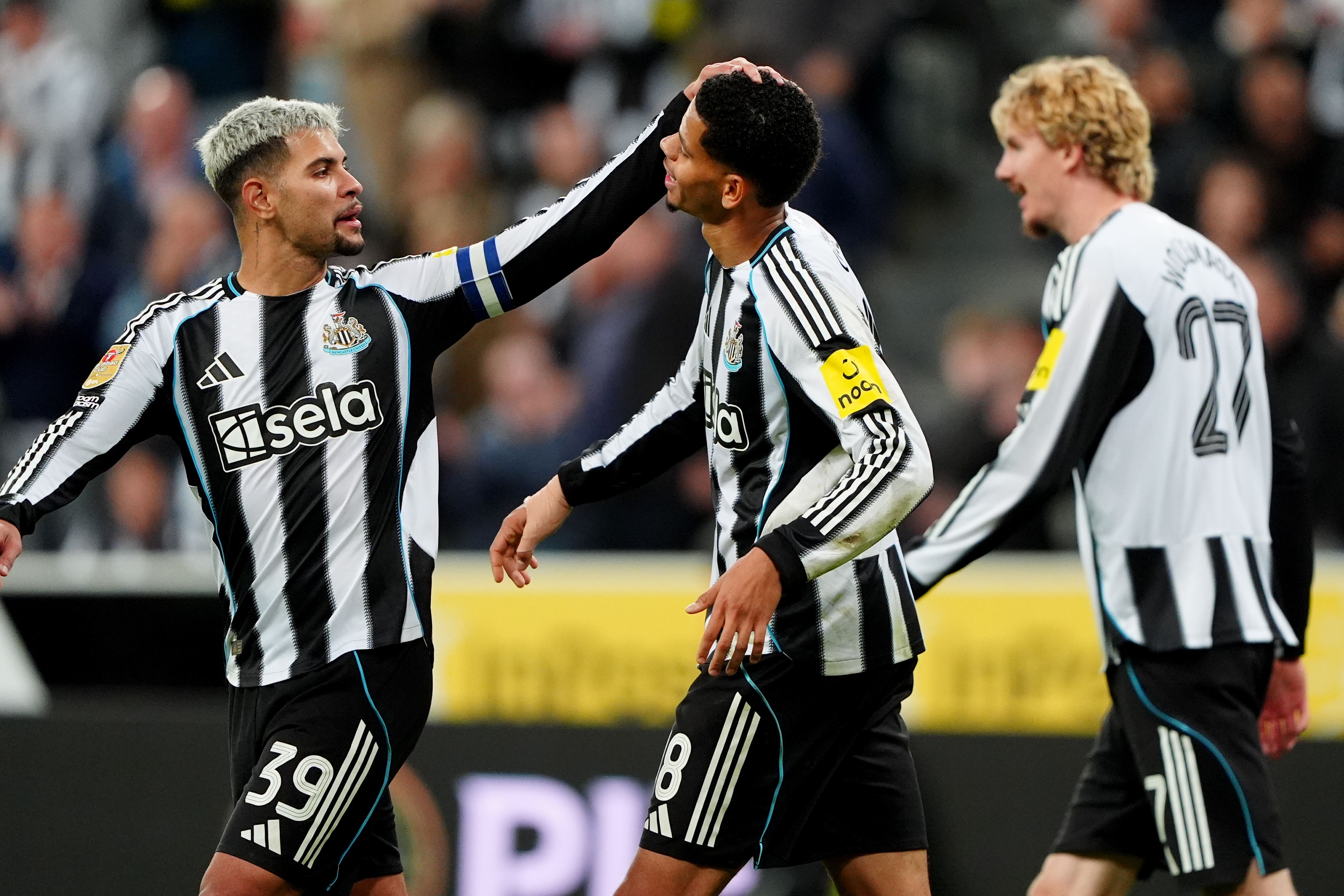 William Osula (centre) scored twice for Newcastle (Owen Humphreys/PA)