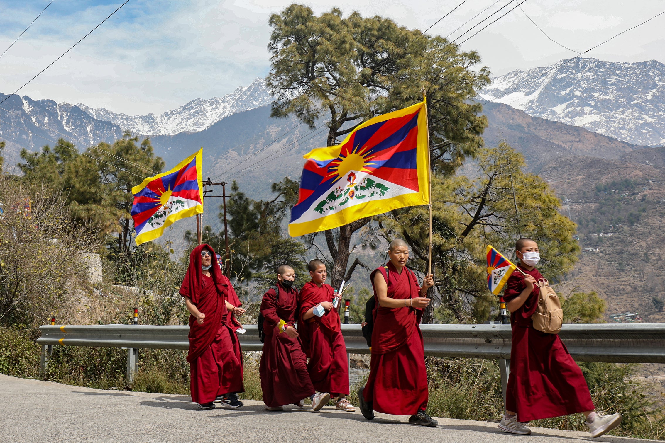 File: Tibetan monks living in exile in India hold Tibetan flags during a peace march on the 65th Tibetan National Uprising Day against the Chinese occupation of Tibet, near Dharamsala on 10 March 2024