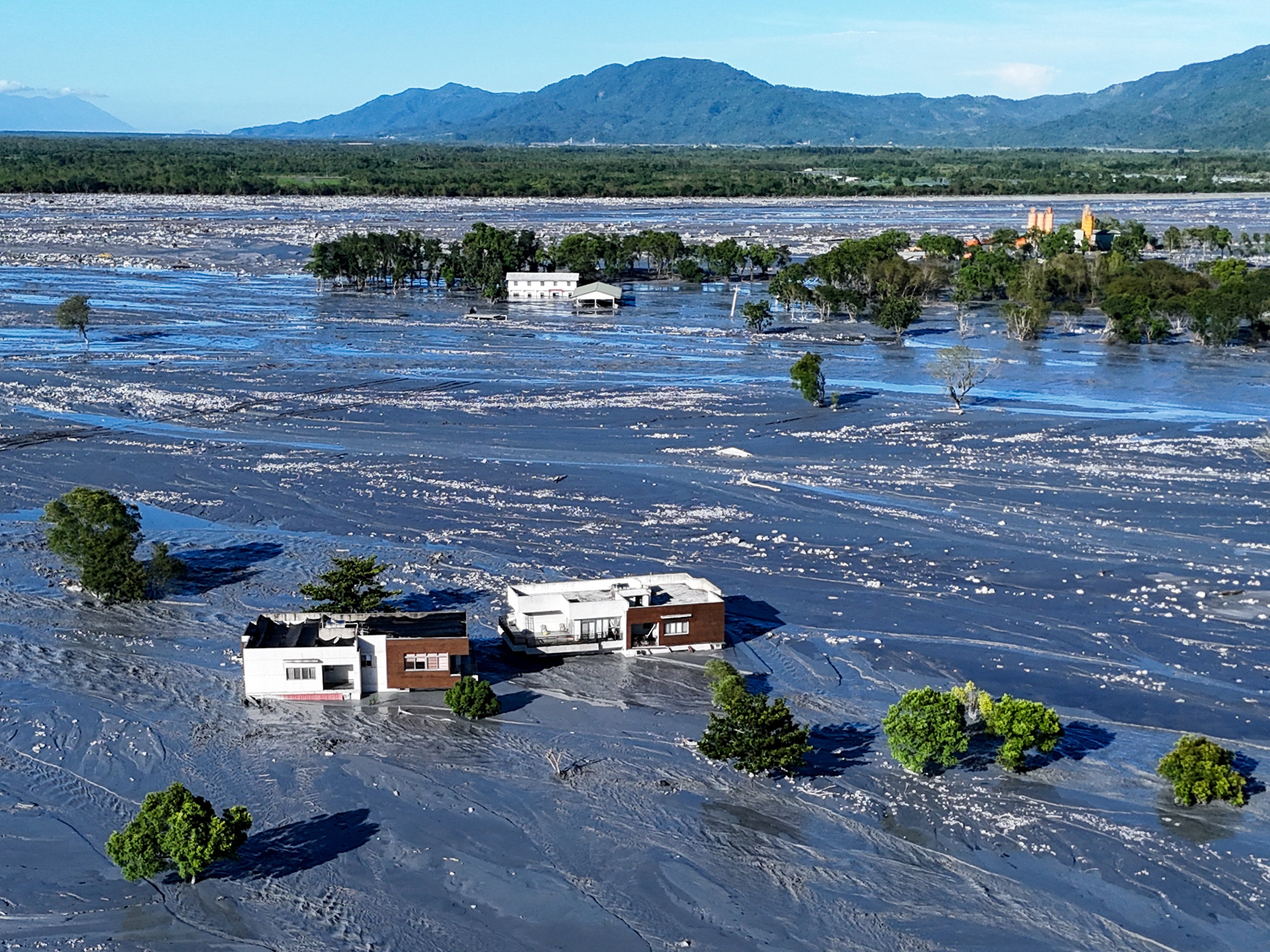 A drone view shows mud covering areas of Hualien due to flooding, following Super Typhoon Ragasa in Hualien, Taiwan