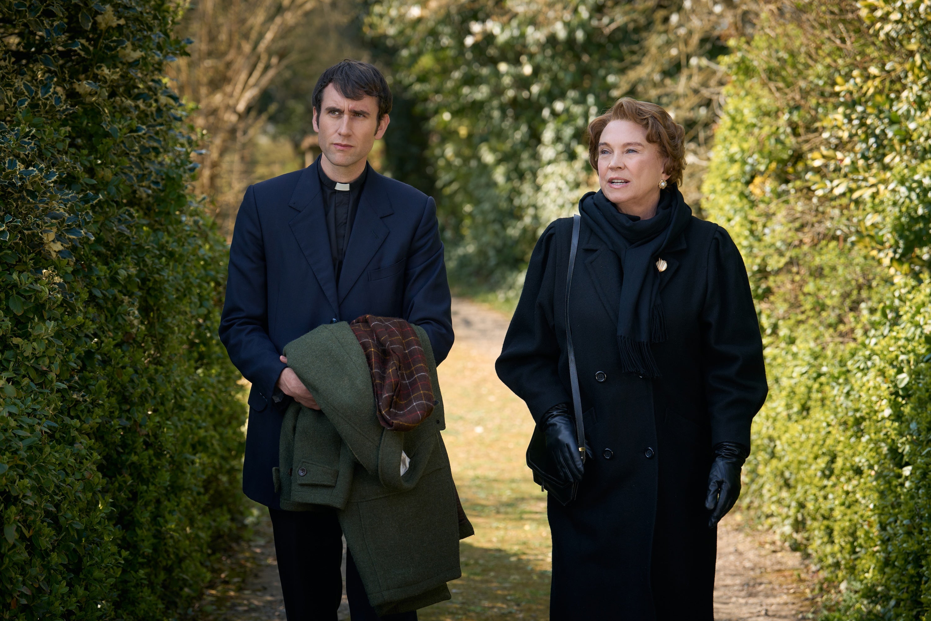 Mother and son: Matthew Lewis and Amanda Redman in 'Murder Before Evensong'