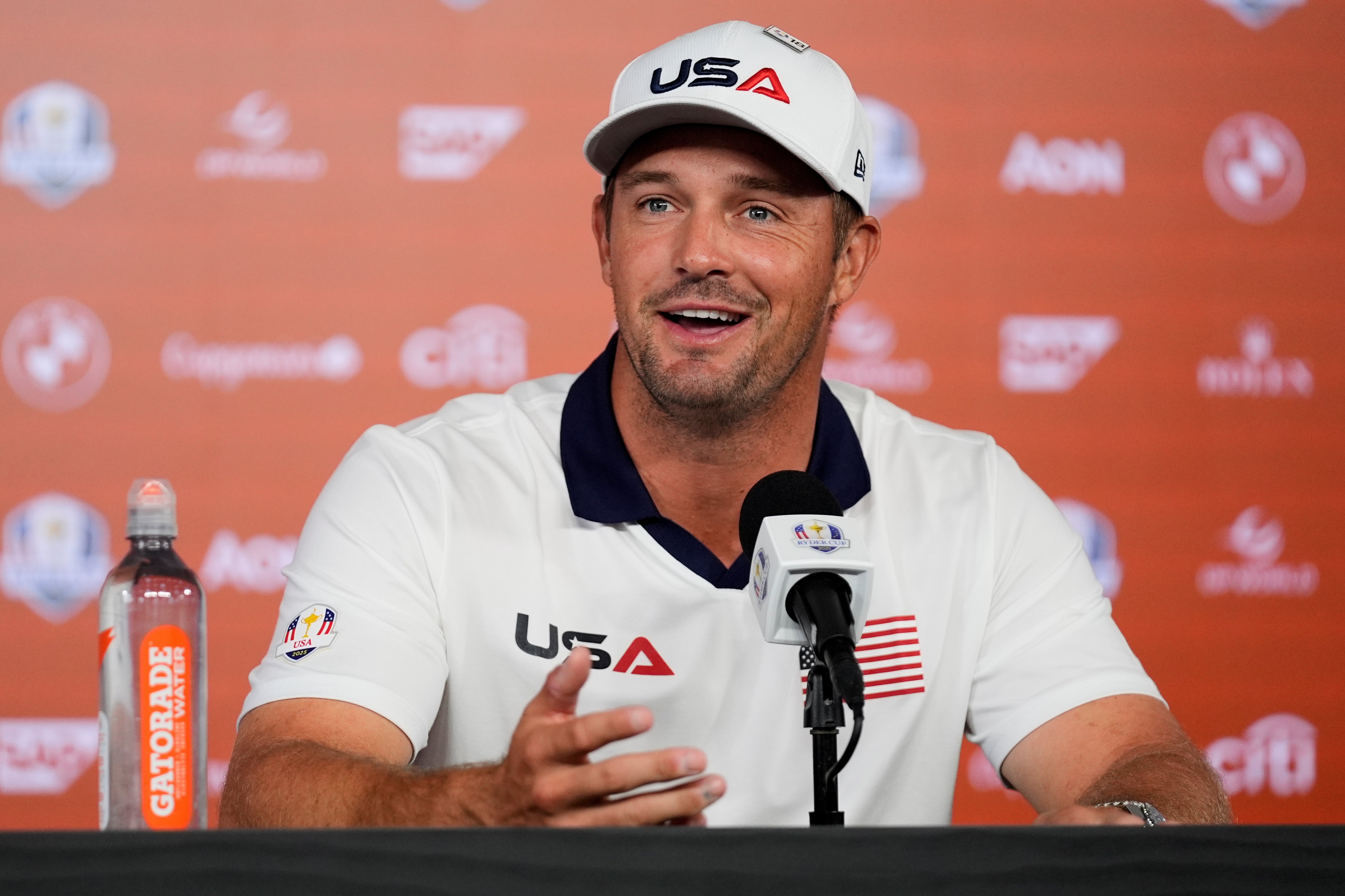 United States' Bryson DeChambeau speaks during a news conference at the Ryder Cup golf tournament
