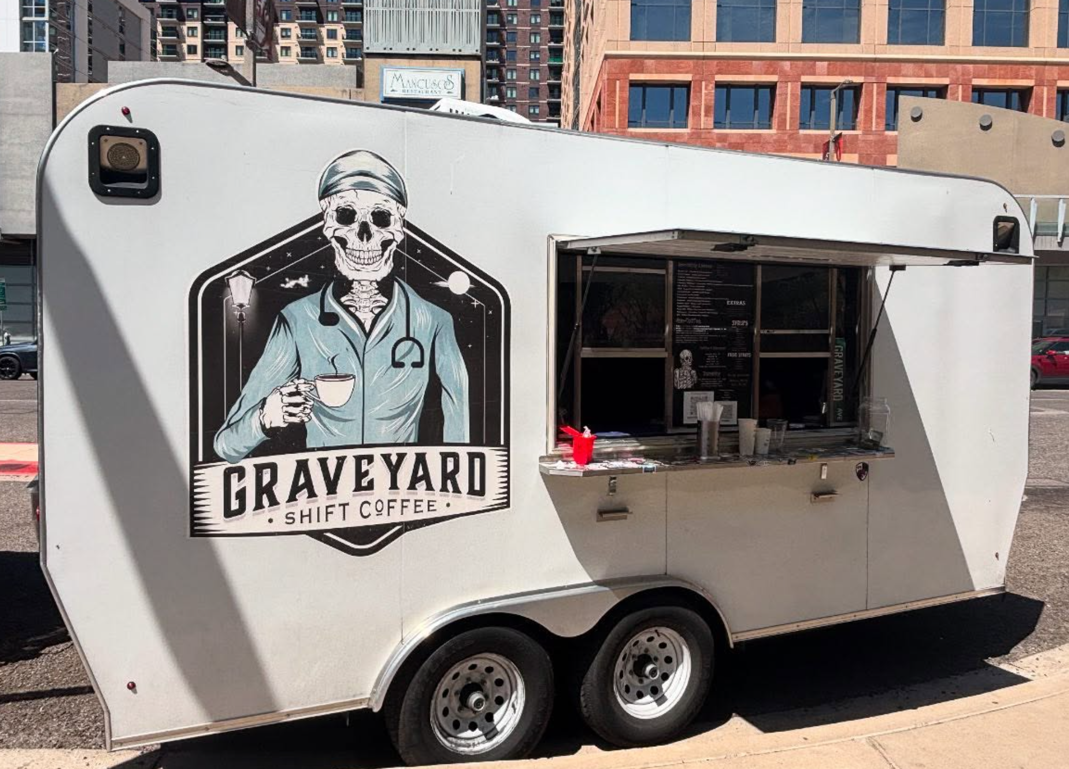 Graveyard Shift Coffee's company name and logo on the side of a coffee trailer in Phoenix, Arizona, which staff at the Mayo Clinic reportedly found offensive.
