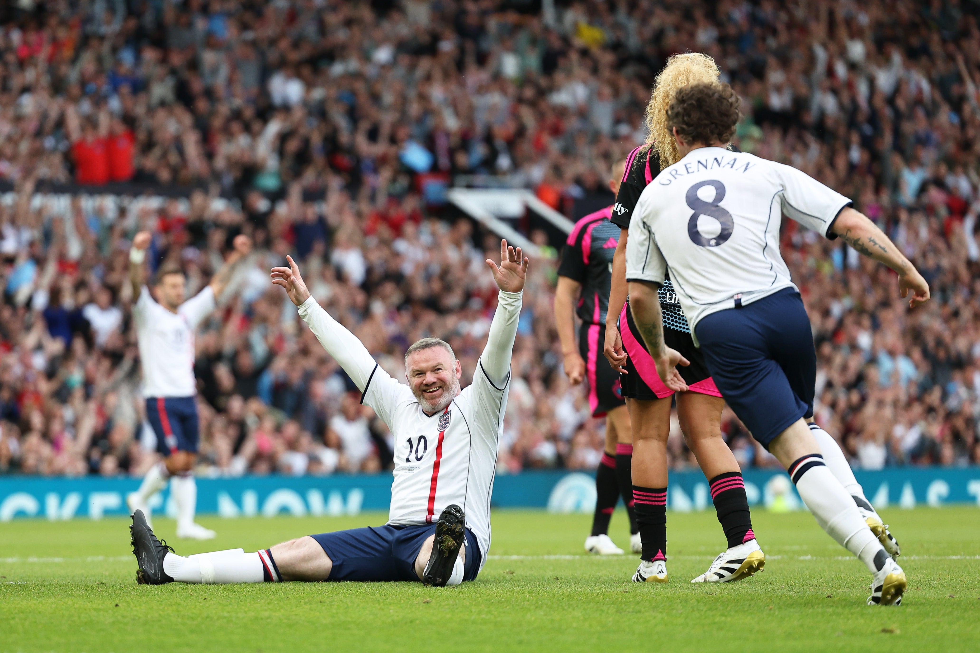 Rooney celebrates a goal in the Soccer Aid 2025 charity game at his old stomping ground, Old Trafford
