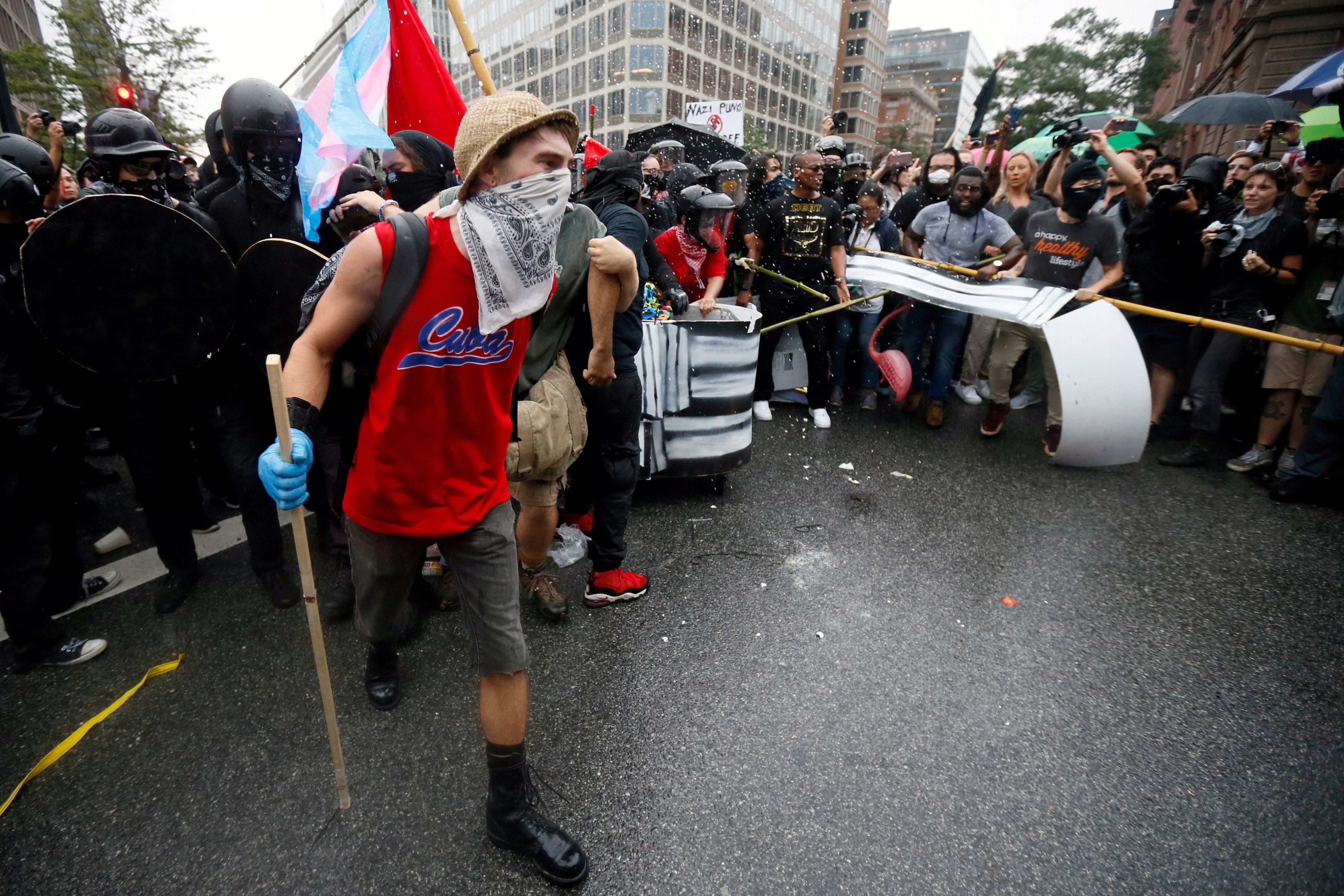 Anarchists and Antifa counter-protesters march near a white nationalist-led rally marking the one year anniversary of the 2017 Charlottesville ‘Unite the Right’ protests in Washington in 2018