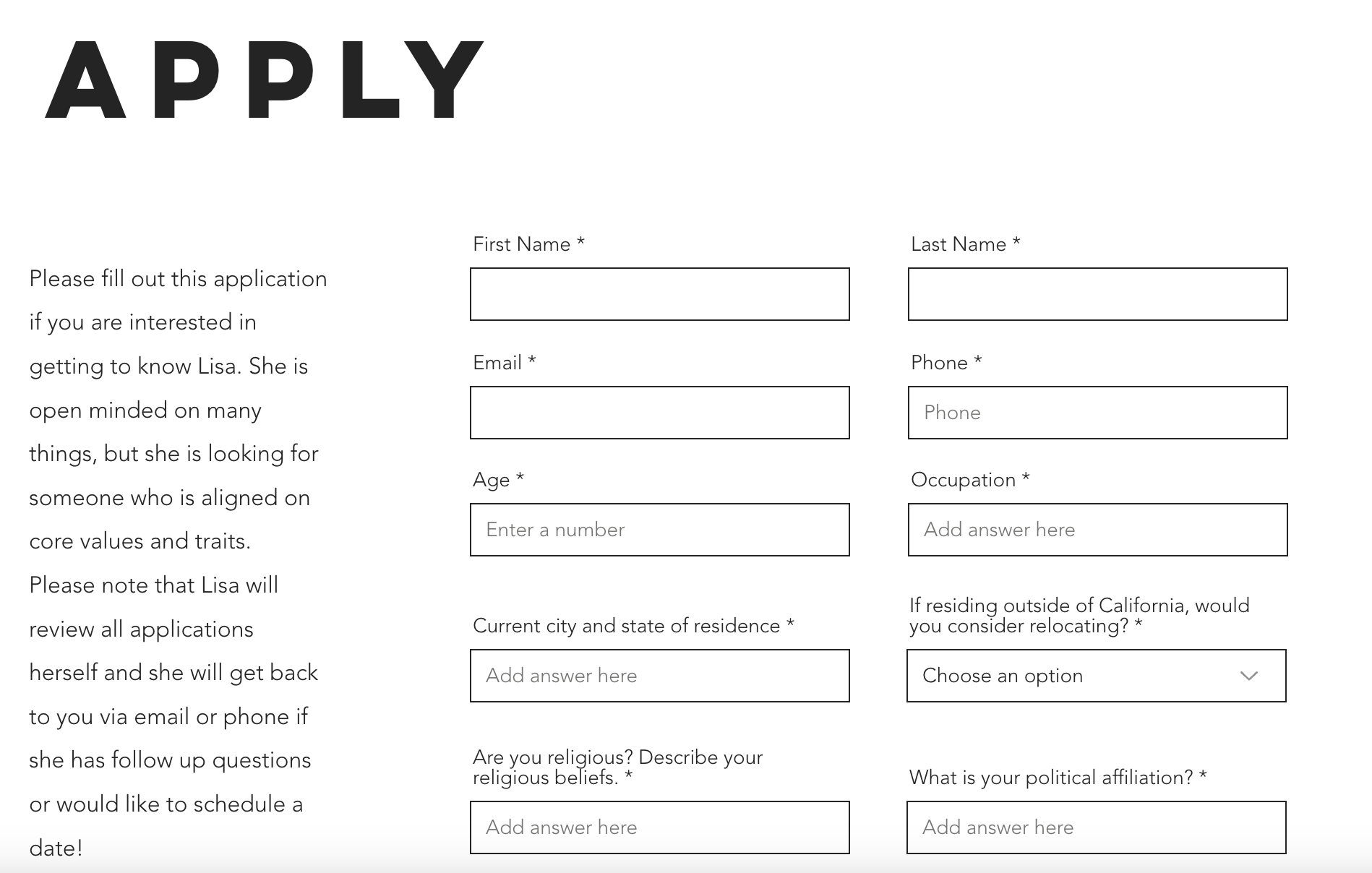 Lisa Catalano is encouraging eligible bachelors to apply on MarryLisa.com, where she lists her hobbies, interests and preferences