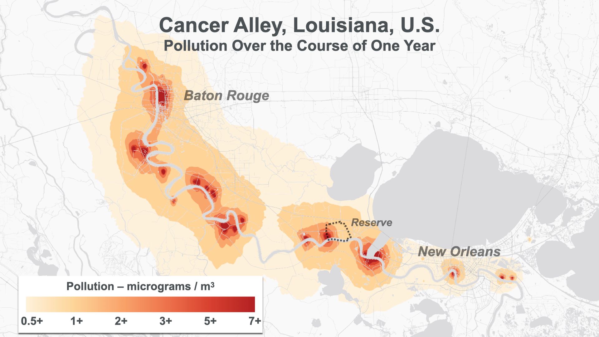 A map shows air pollution across Louisiana's 'Cancer Alley' over the course of one year