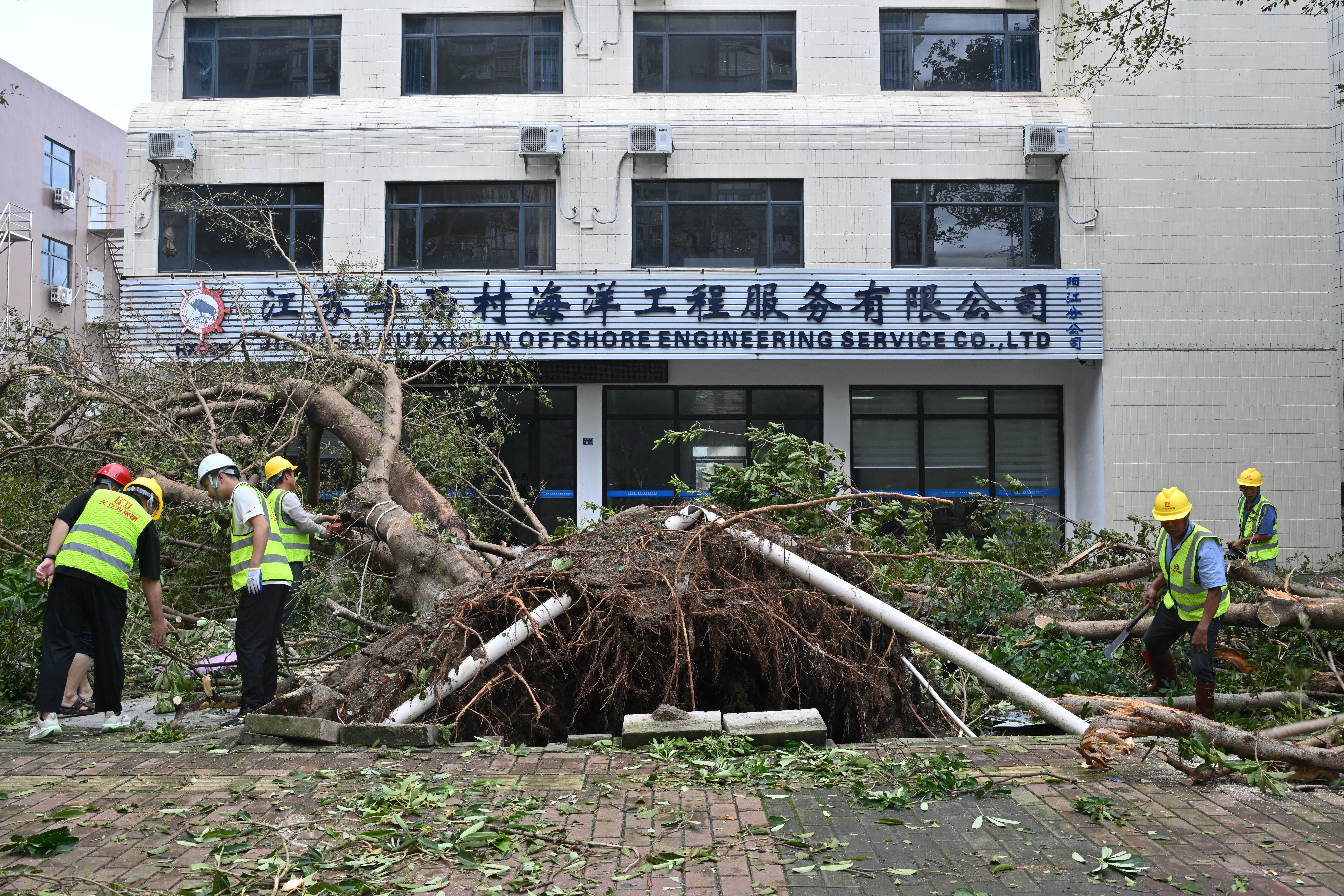 Workers remove a fallen tree following the passage of Super Typhoon Ragasa in Yangjiang, southern China's Guangdong province, on 25 September 2025